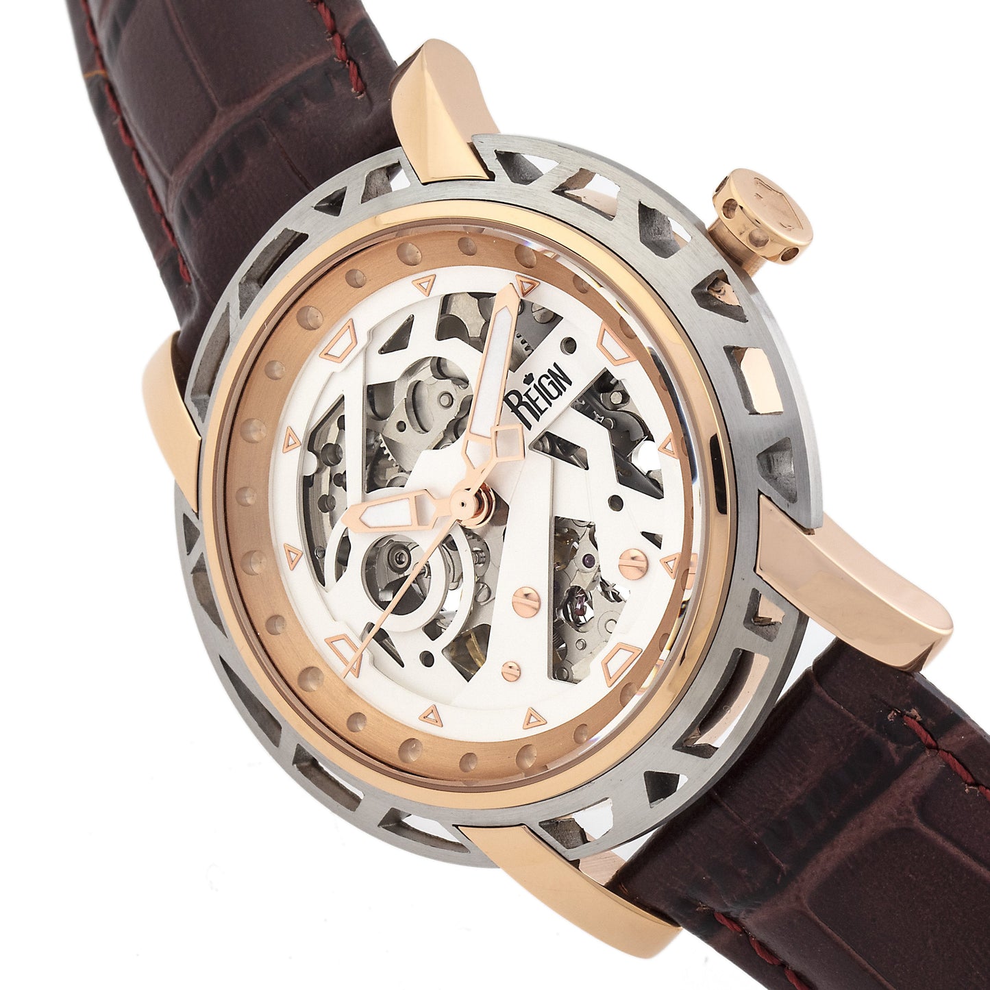 Reign Stavros Automatic Skeleton Leather-Band Watch - Rose Gold/White - REIRN3703