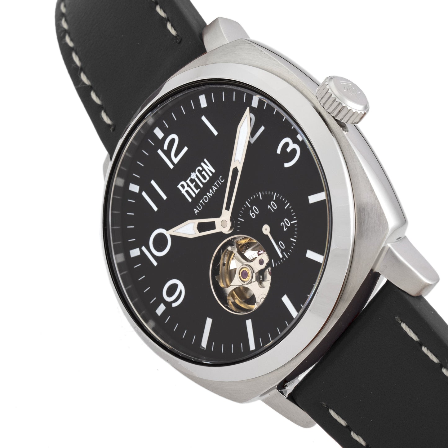 Reign Napoleon Automatic Semi-Skeleton Leather-Band Watch - Silver/Black - REIRN5801