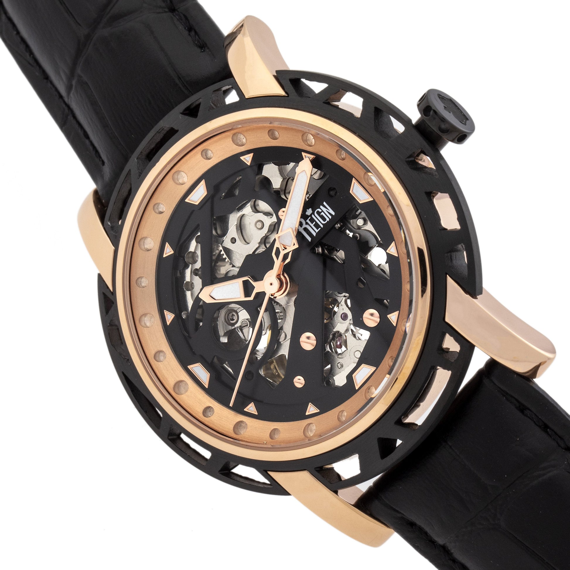 Reign Stavros Automatic Skeleton Leather-Band Watch - Rose Gold/Black - REIRN3706