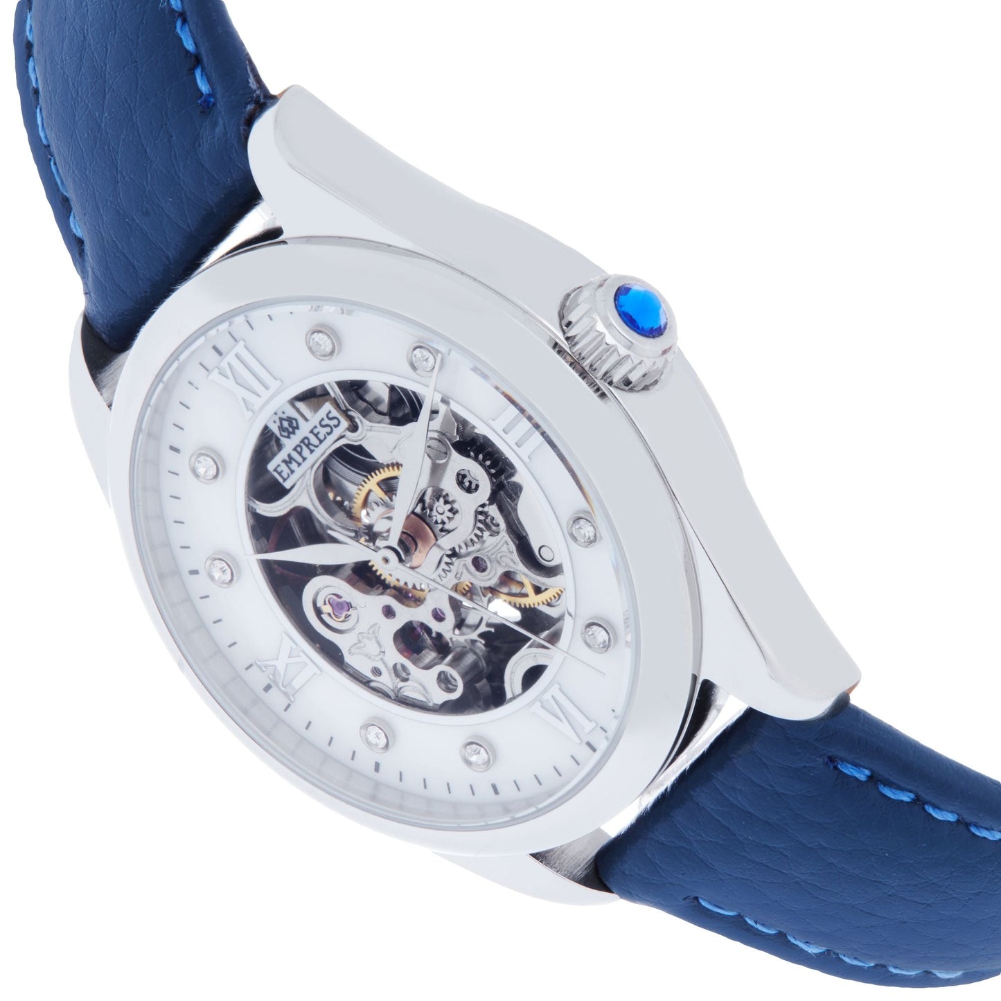 Empress Magnolia Automatic MOP Skeleton Dial Leather-Band Watch - Blue/Silver - EMPEM3604