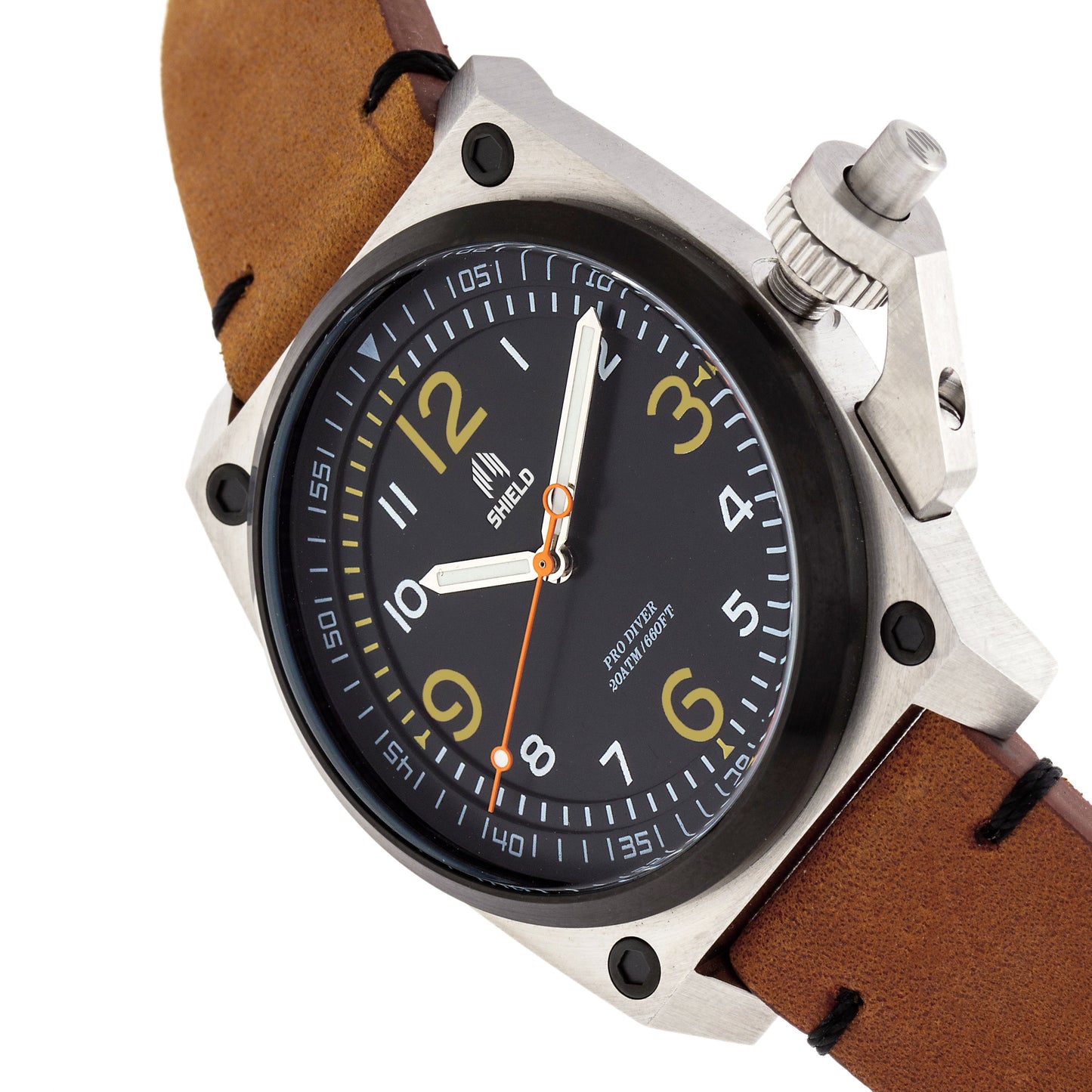 Shield Pascal Leather-Band Men's Diver Watch - Light Brown/Black - SLDSH102-7