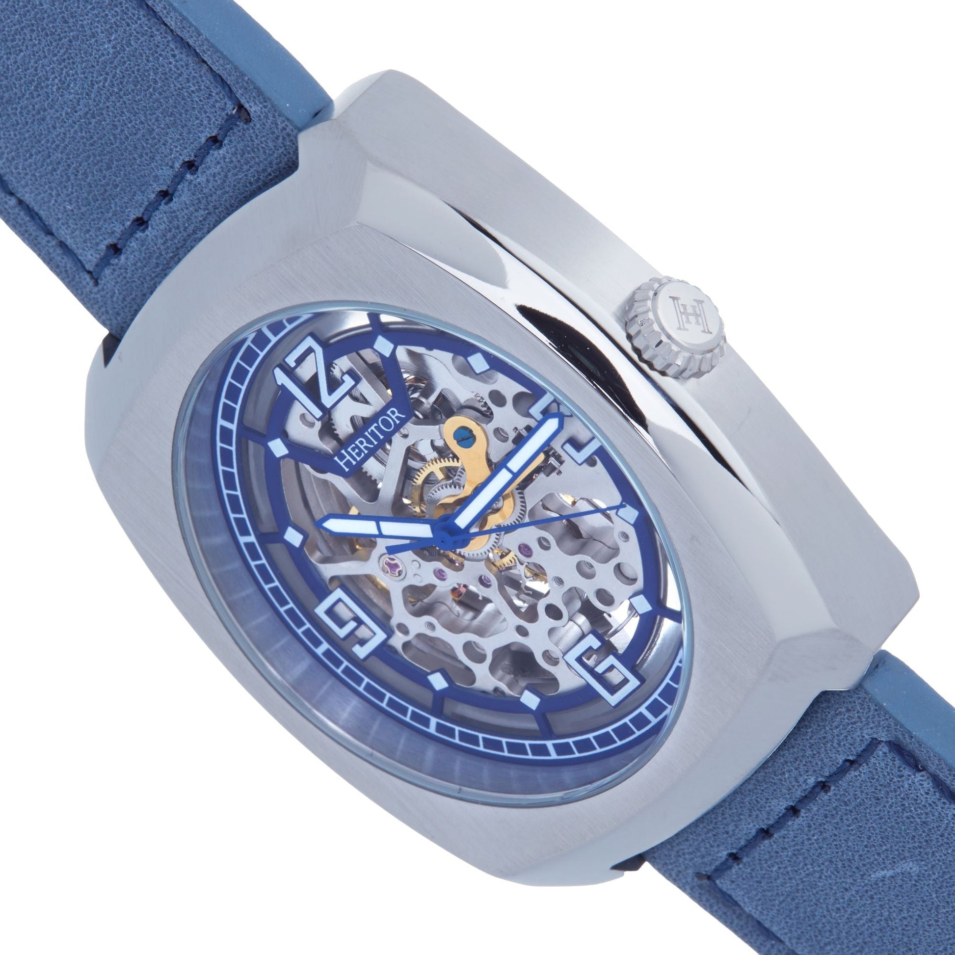 Heritor Automatic Gatling Skeletonized Leather-Band Watch - Silver/Navy - HERHS2301