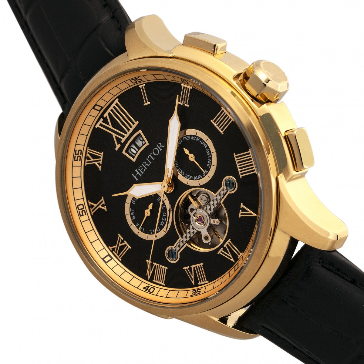 Heritor Automatic Hudson Semi-Skeleton Leather-Band Watch w/Day/Date - Black/Gold - HERHR7503