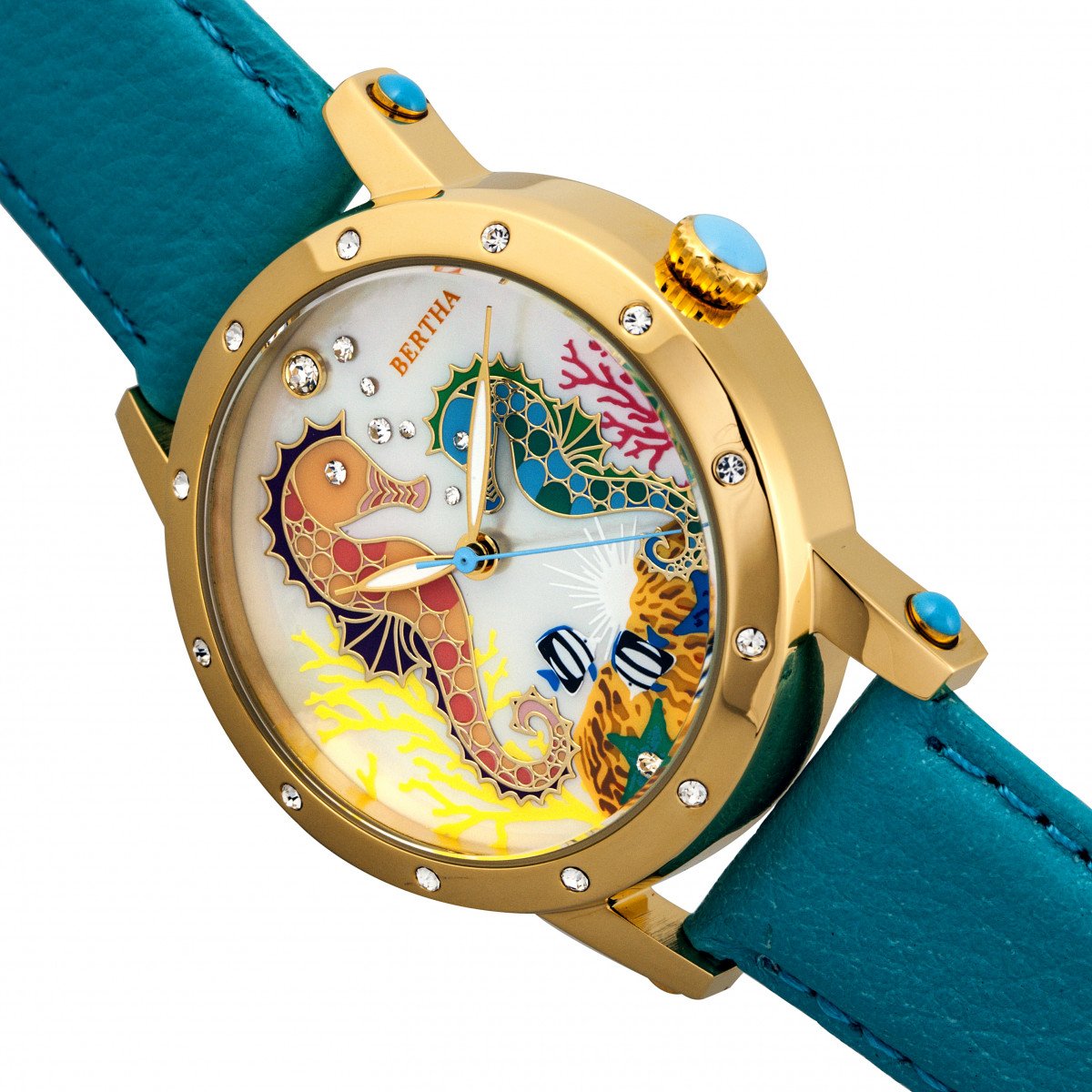 Bertha Morgan MOP Leather-Band Ladies Watch - Gold/Turquoise - BTHBR4203