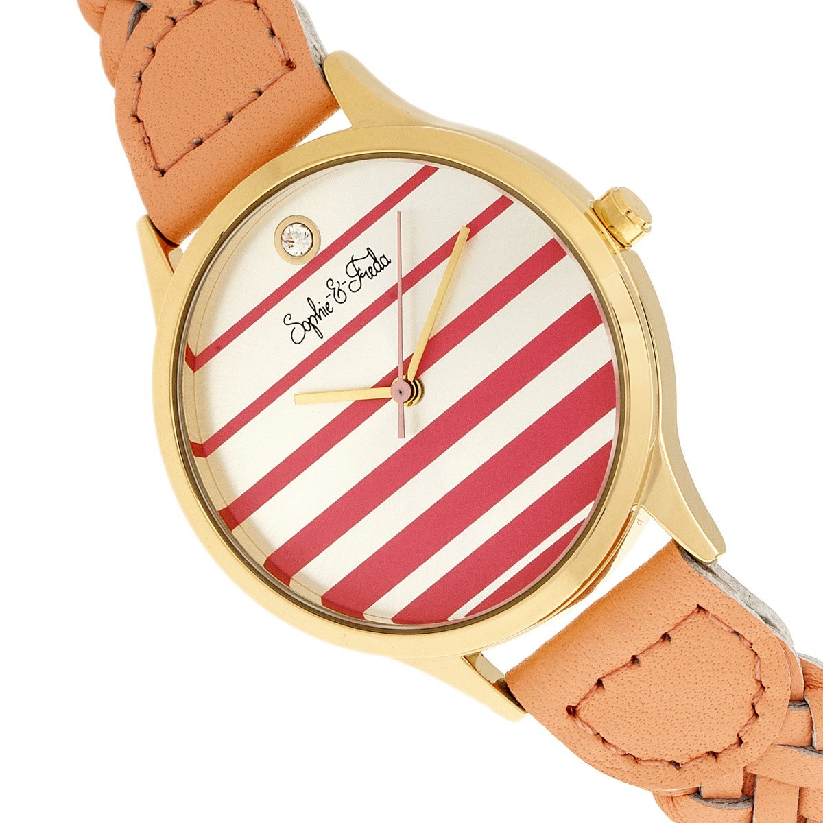 Sophie & Freda Tucson Leather-Band Watch w/Swarovski Crystals - Gold/Coral - SAFSF4503