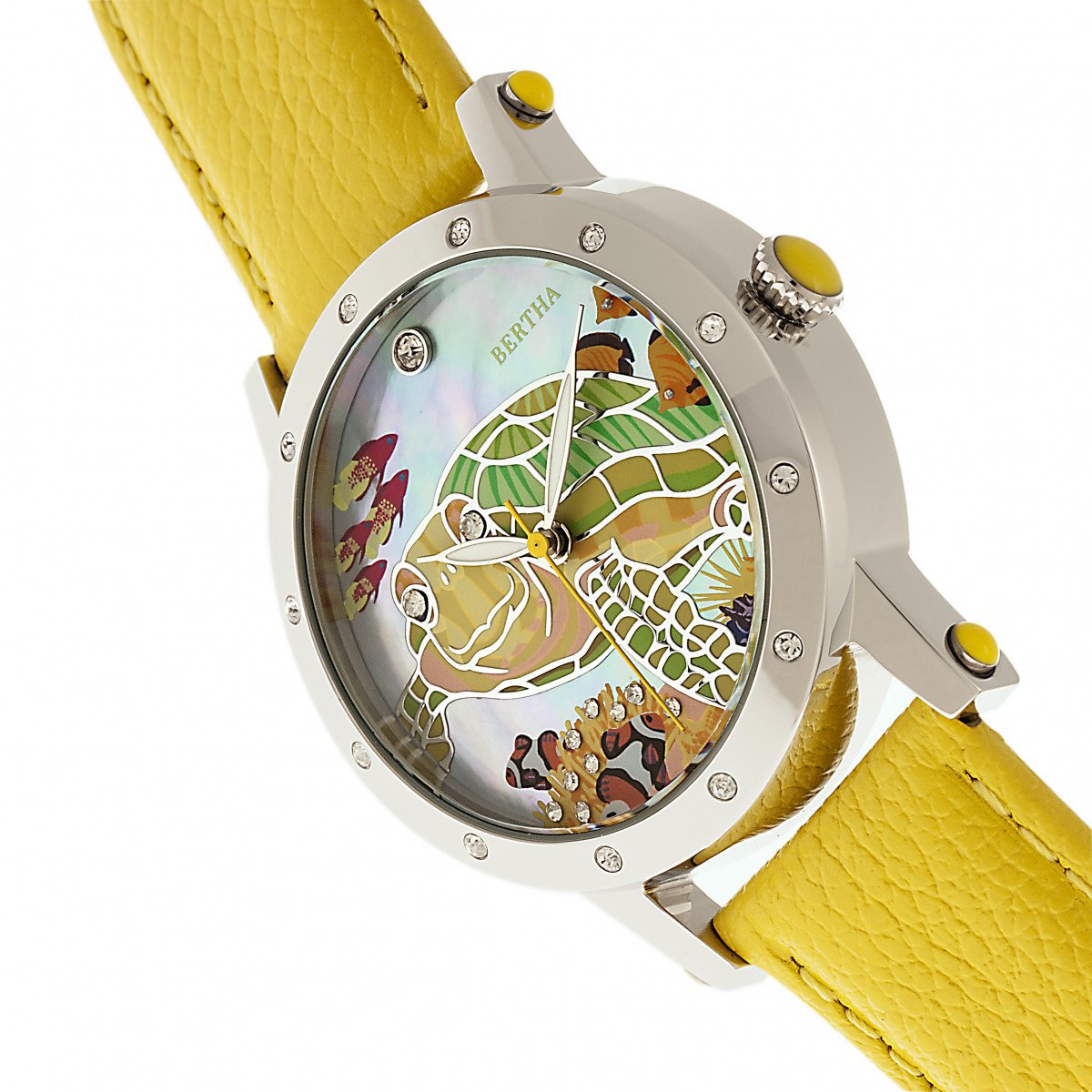 Bertha Chelsea MOP Leather-Band Ladies Watch - Silver/Yellow - BTHBR4902