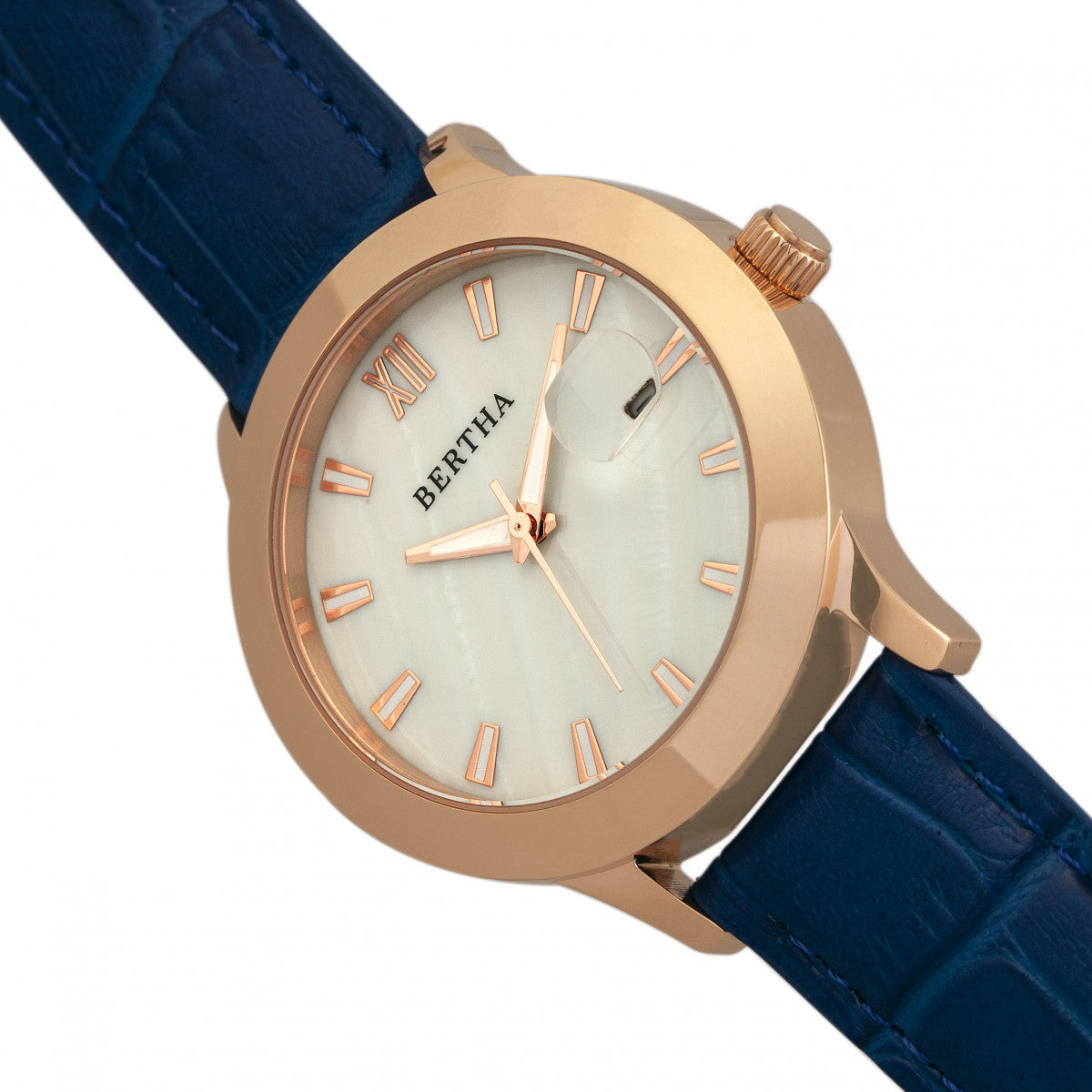 Bertha Eden Mother-Of-Pearl Leather-Band Watch w/Date - Blue/Rose Gold - BTHBR6506