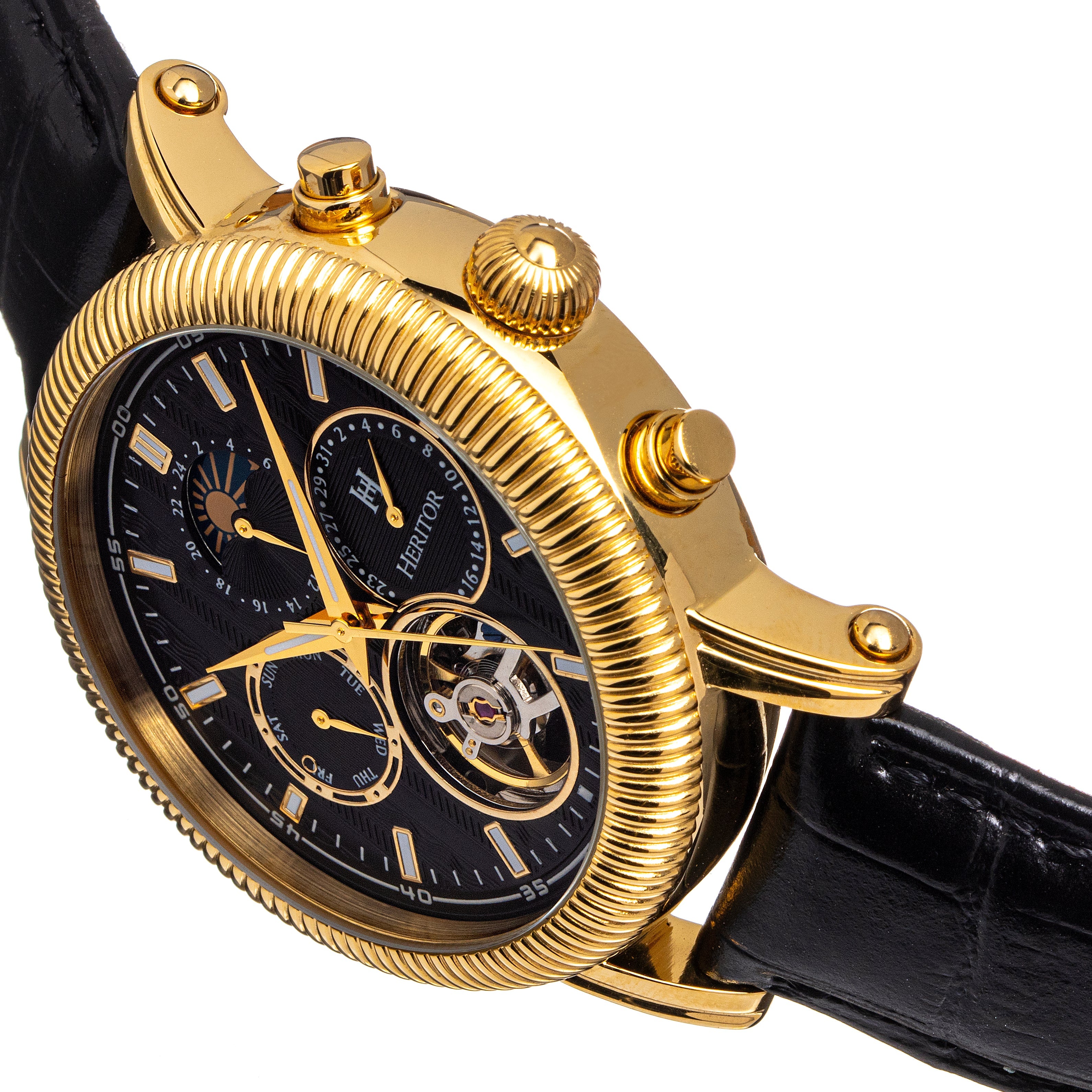 Heritor Automatic Barnsley Semi-Skeleton Leather-Band Watch - Gold/Black - HERHS1803