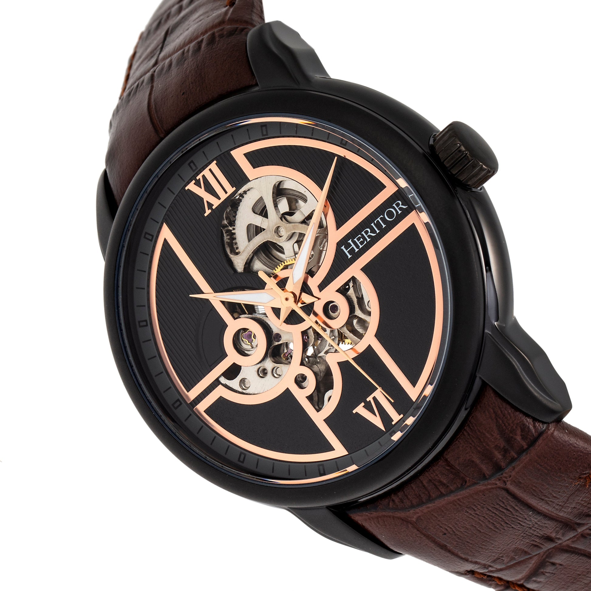 Heritor Automatic Sanford Semi-Skeleton Leather-Band Watch - Black/Brown - HERHR8306