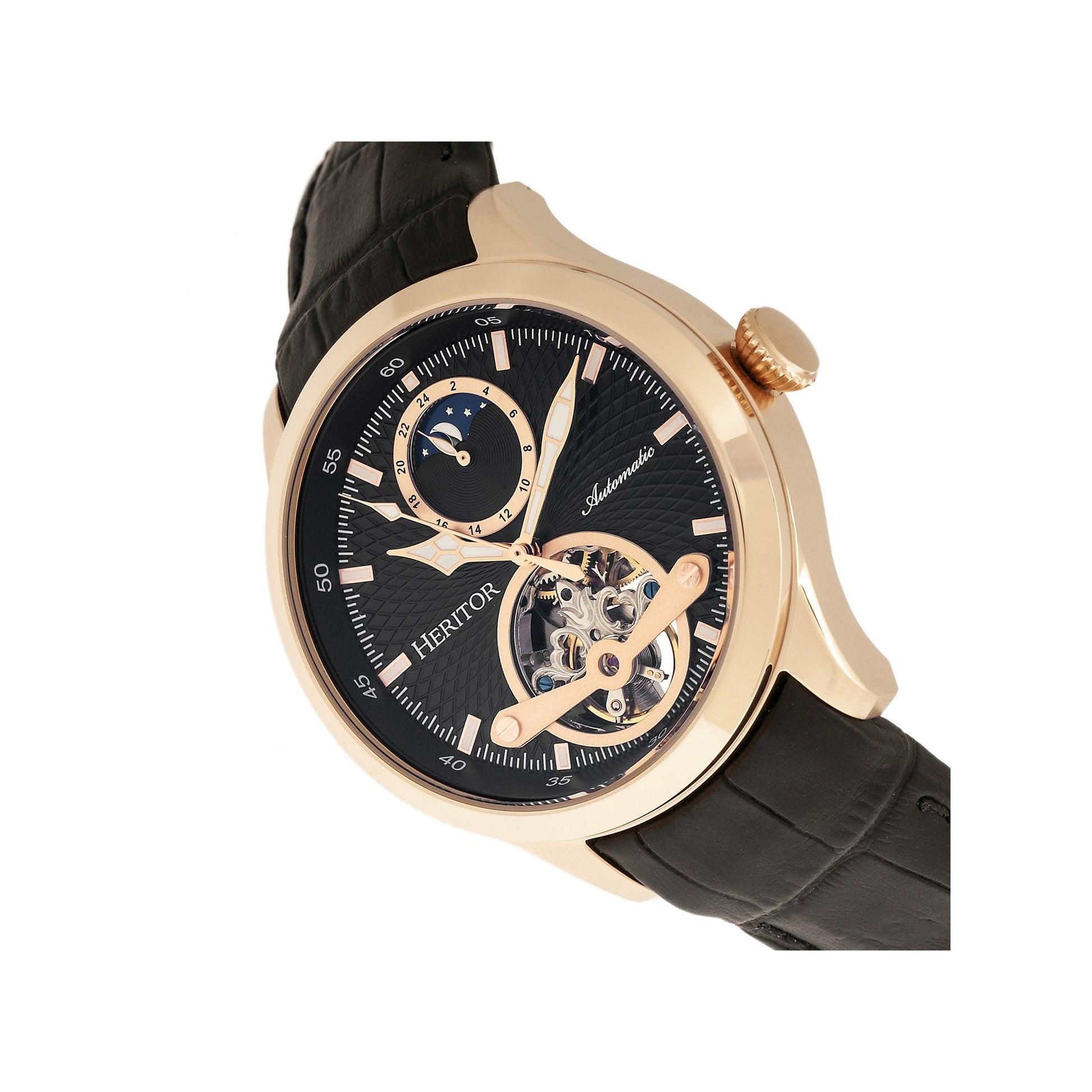 Heritor Automatic Gregory Semi-Skeleton Leather-Band Watch - Rose Gold/Black - HERHR8105