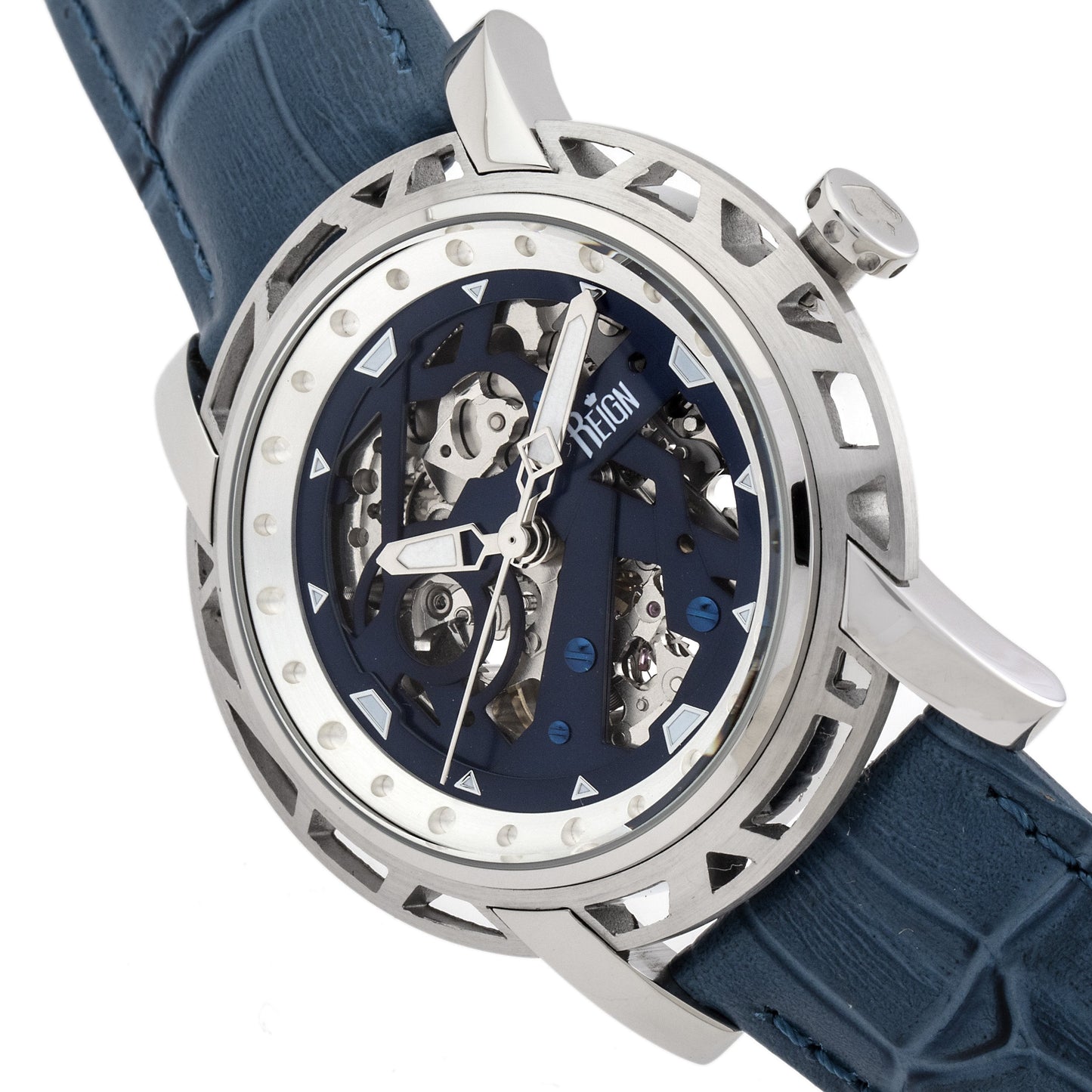 Reign Stavros Automatic Skeleton Leather-Band Watch - Silver/Navy - REIRN3702