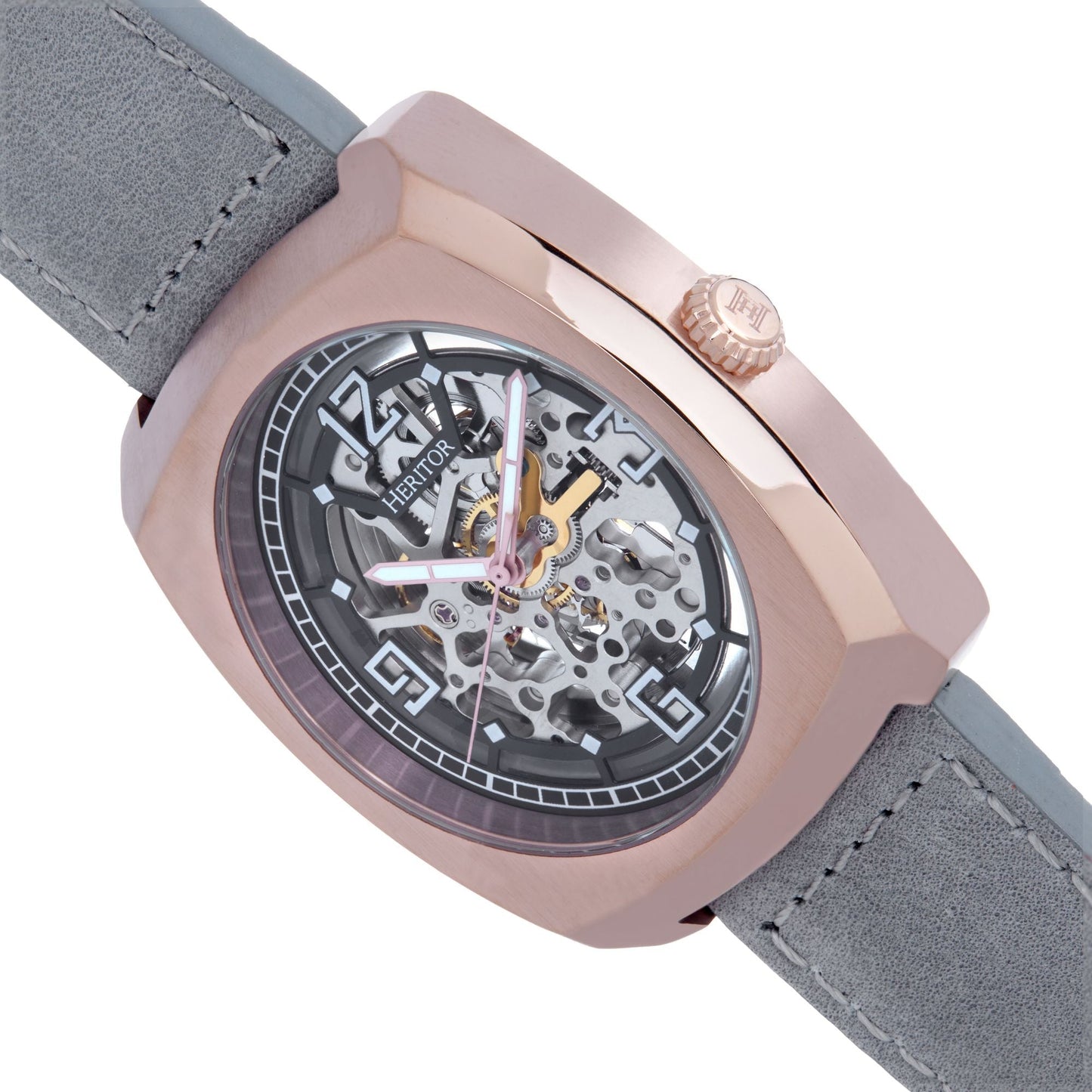 Heritor Automatic Gatling Skeletonized Leather-Band Watch - Rose Gold/Gray - HERHS2304