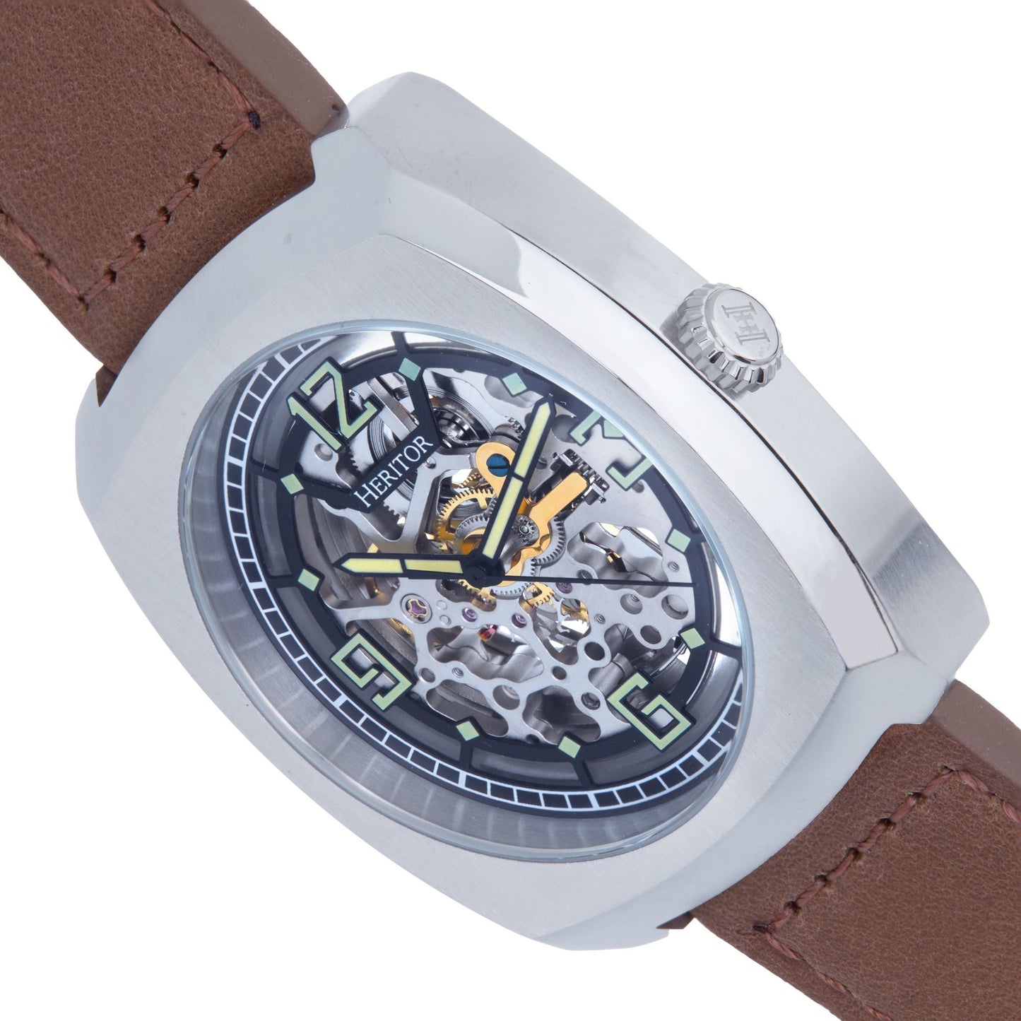 Heritor Automatic Gatling Skeletonized Leather-Band Watch - Silver/Light Brown - HERHS2302