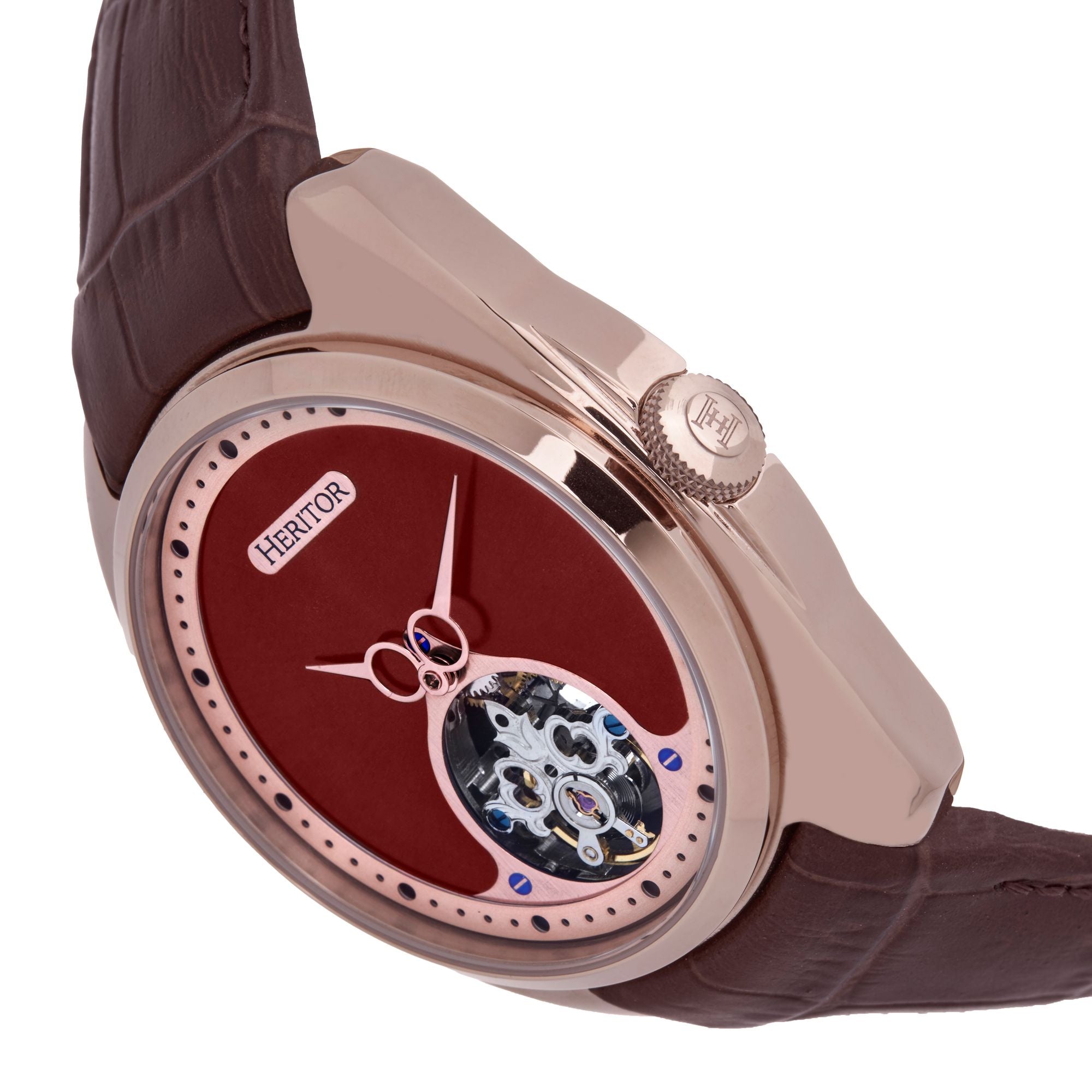 Heritor Automatic Roman Semi-Skeleton Leather-Band Watch - Rose Gold/Light Brown - HERHS2204