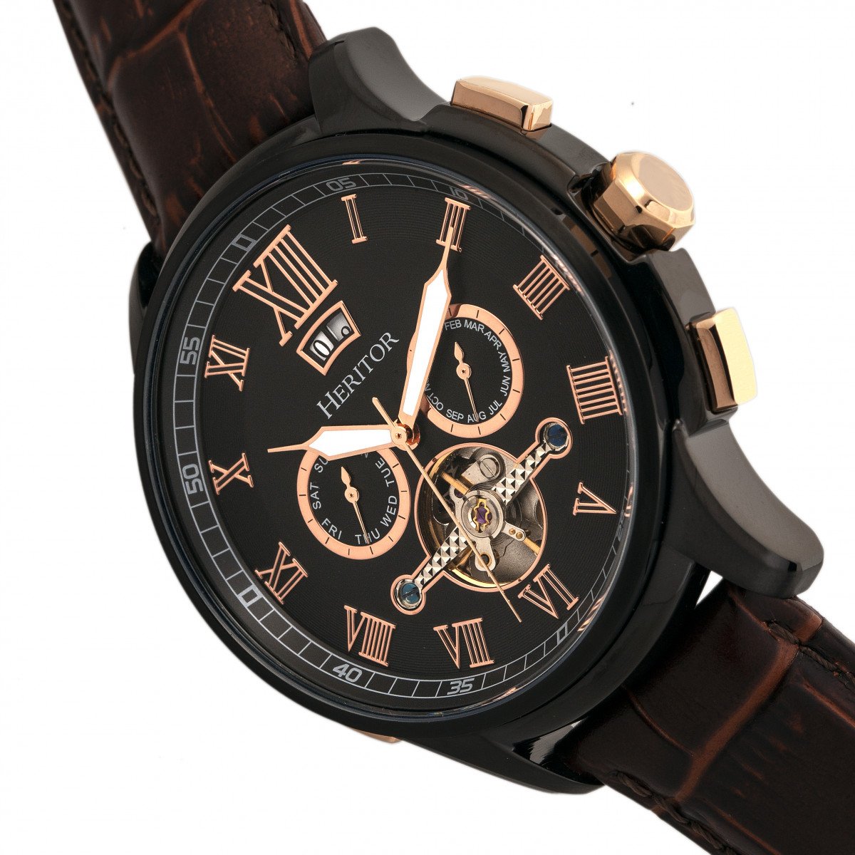 Heritor Automatic Hudson Semi-Skeleton Leather-Band Watch w/Day/Date - Brown/Black - HERHR7506