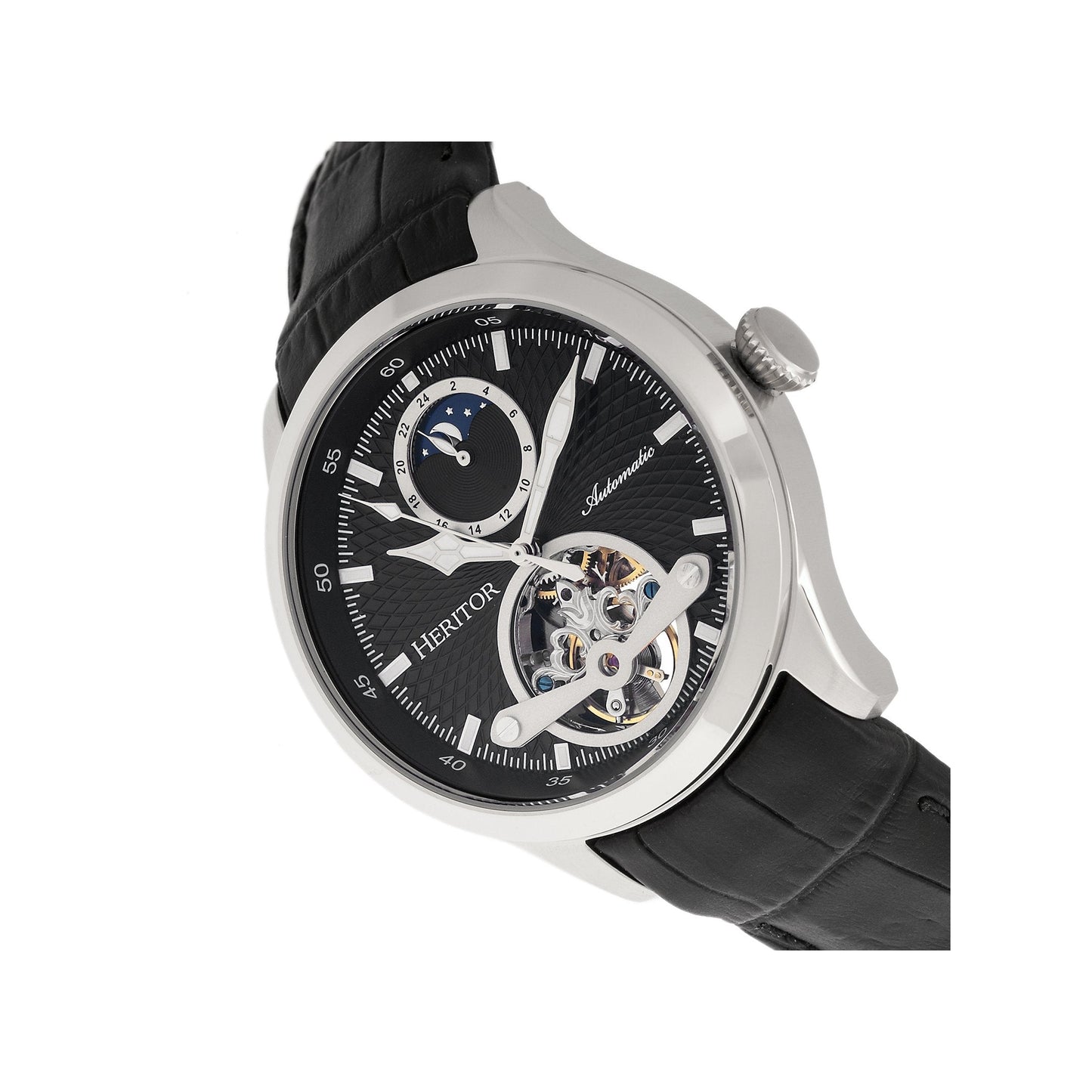 Heritor Automatic Gregory Semi-Skeleton Leather-Band Watch - Black - HERHR8102