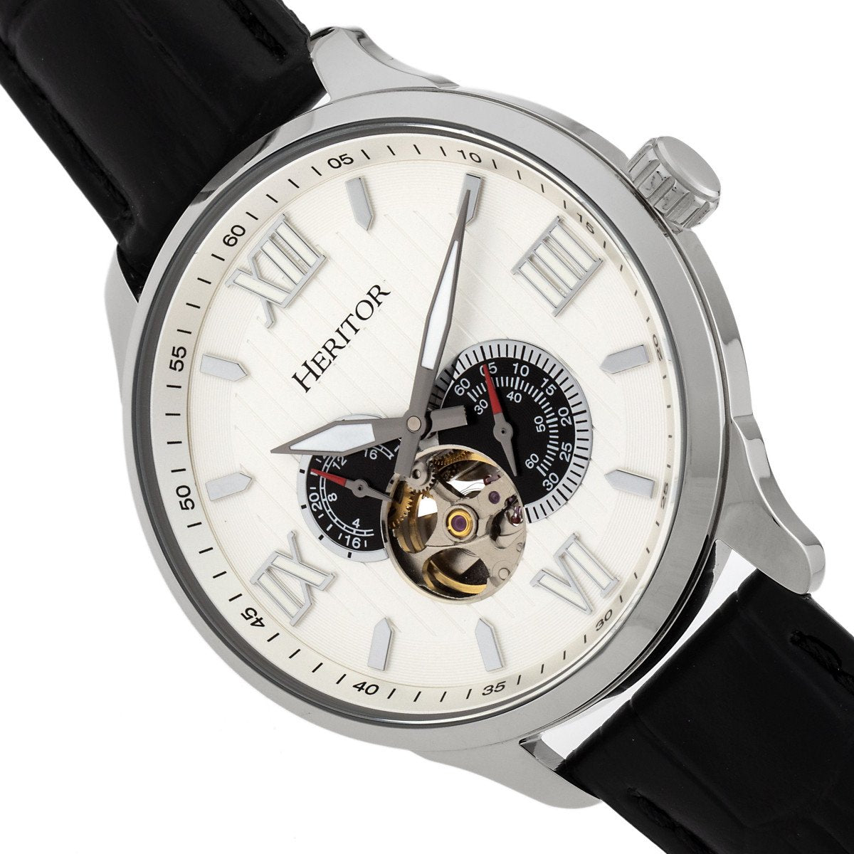 Heritor Automatic Harding Semi-Skeleton Leather-Band Watch - Silver/White - HERHR9001