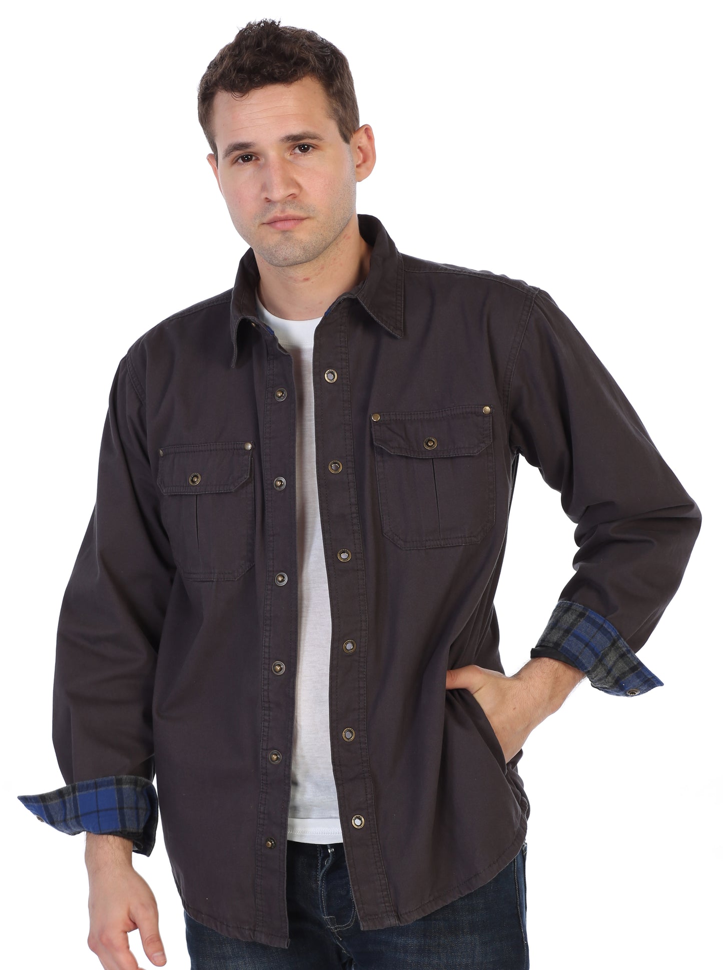 title:Gioberti Men's Charcoal Cotton Brushed and Soft Twill Shirt Jacket with Flannel Lining;color:Charcoal