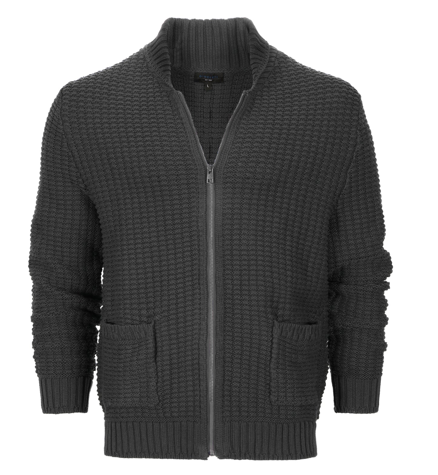 title:Gioberti Men's Charcoal 100% Cotton Milano Knit Full-Zip Sweater;color:Charcoal