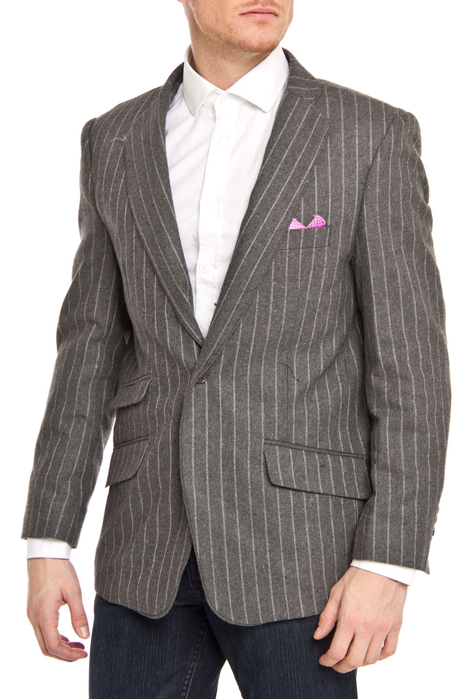 title:ELIE BALLEH Grey Pin Strip Blazer Jacket;color:Gray