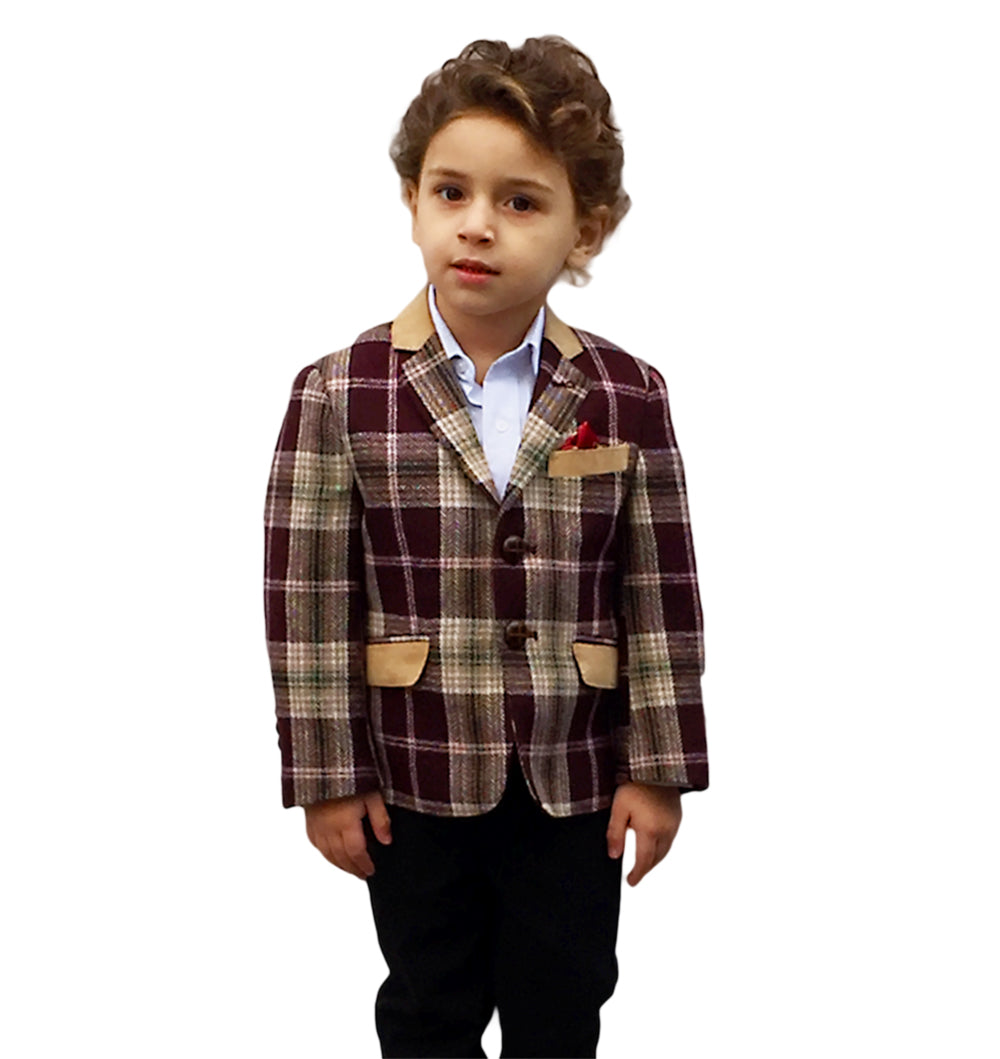 title:ELIE BALLEH Boys BURGENDY Plaid Blazer JACKET;color:BURGENDY