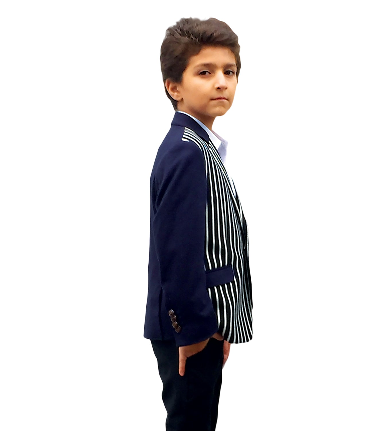 title:ELIE BALLEH Boys NAVY Striped Knite Blazer JACKET;color:NAVY