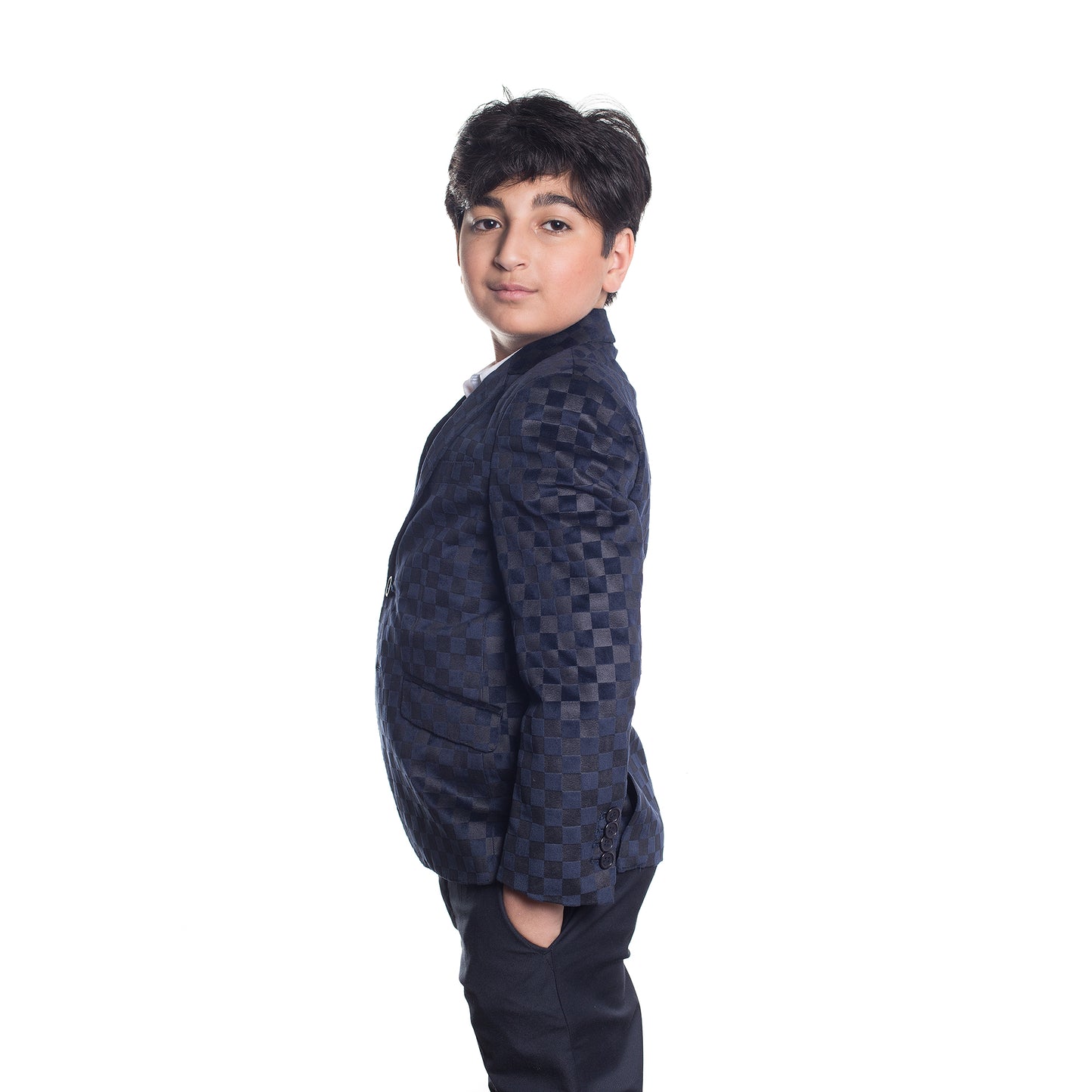 title:ELIE BALLEH Boys NAVY Checkerboard Blazer JACKET;color:NAVY