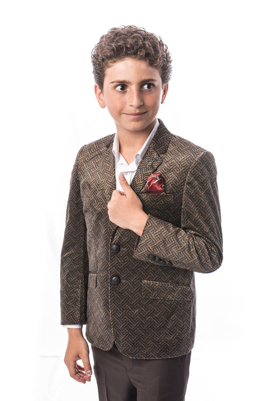 title:ELIE BALLEH Boys CAMEL Printed Velvet Blazer JACKET;color:CAMEL