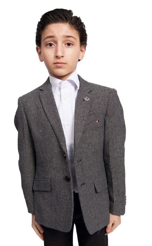 title:ELIE BALLEH Boys BLACK Harringbone Wool Blazer JACKET;color:BLACK