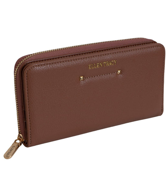 Ellen Tracy Pebble Grain Studded Zip Around Clutch Wallet