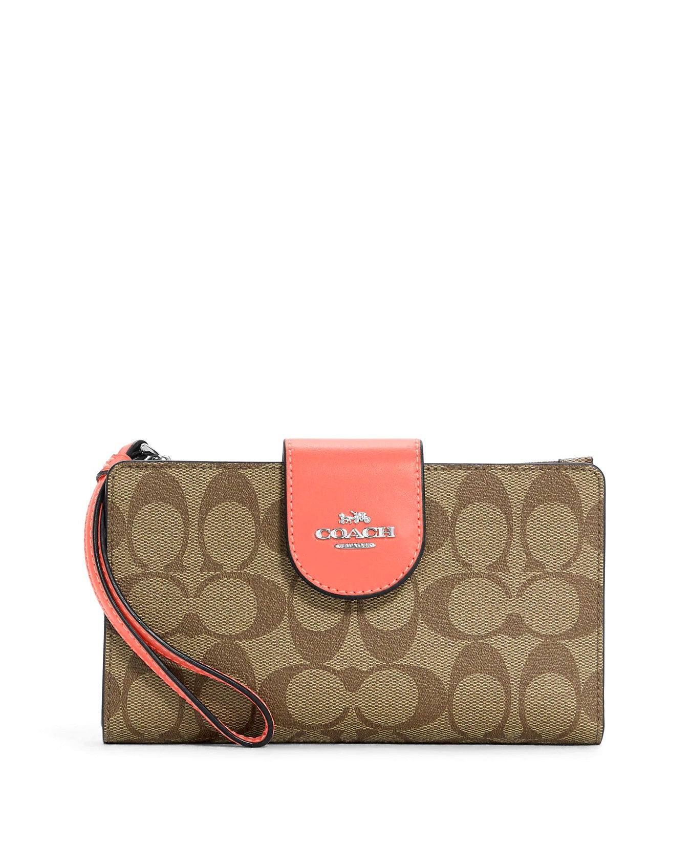 title:Coach Women's Tech Wallet In Colorblock Signature Canvas;color:Khaki / Tangerine