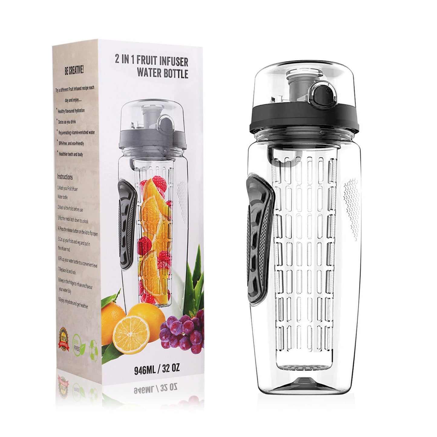 title:32oz Fruit Infuser Water Bottle with Flip Top Lid - Perfect for Office, Home, Sport, Running, Walking, Hiking;color:Black