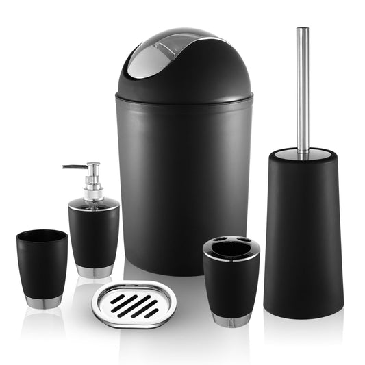 title:Bathroom Accessories Set 6 Pcs Bathroom Set Ensemble Complete Soap Dispenser Toothbrush Holder Tumbler Soap Dish Toilet Cleaning Brush Trash Can;color:Black