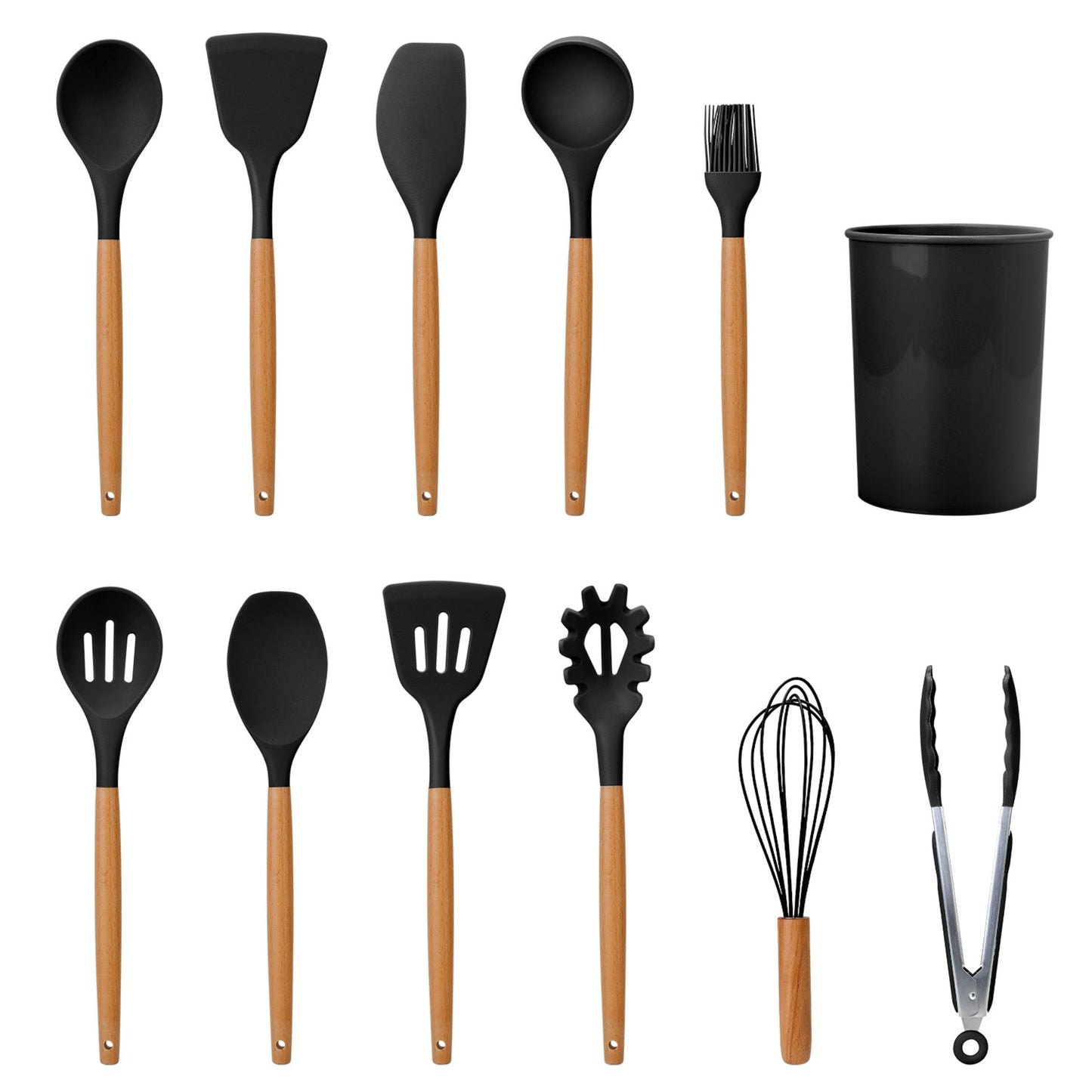 title:11-Piece Silicone Cooking Utensil Set with Heat-Resistant Wooden Handle - Spatula, Turner, Ladle, Spaghetti Server, Tongs, Spoon, Egg Whisk, and more!;color:Black