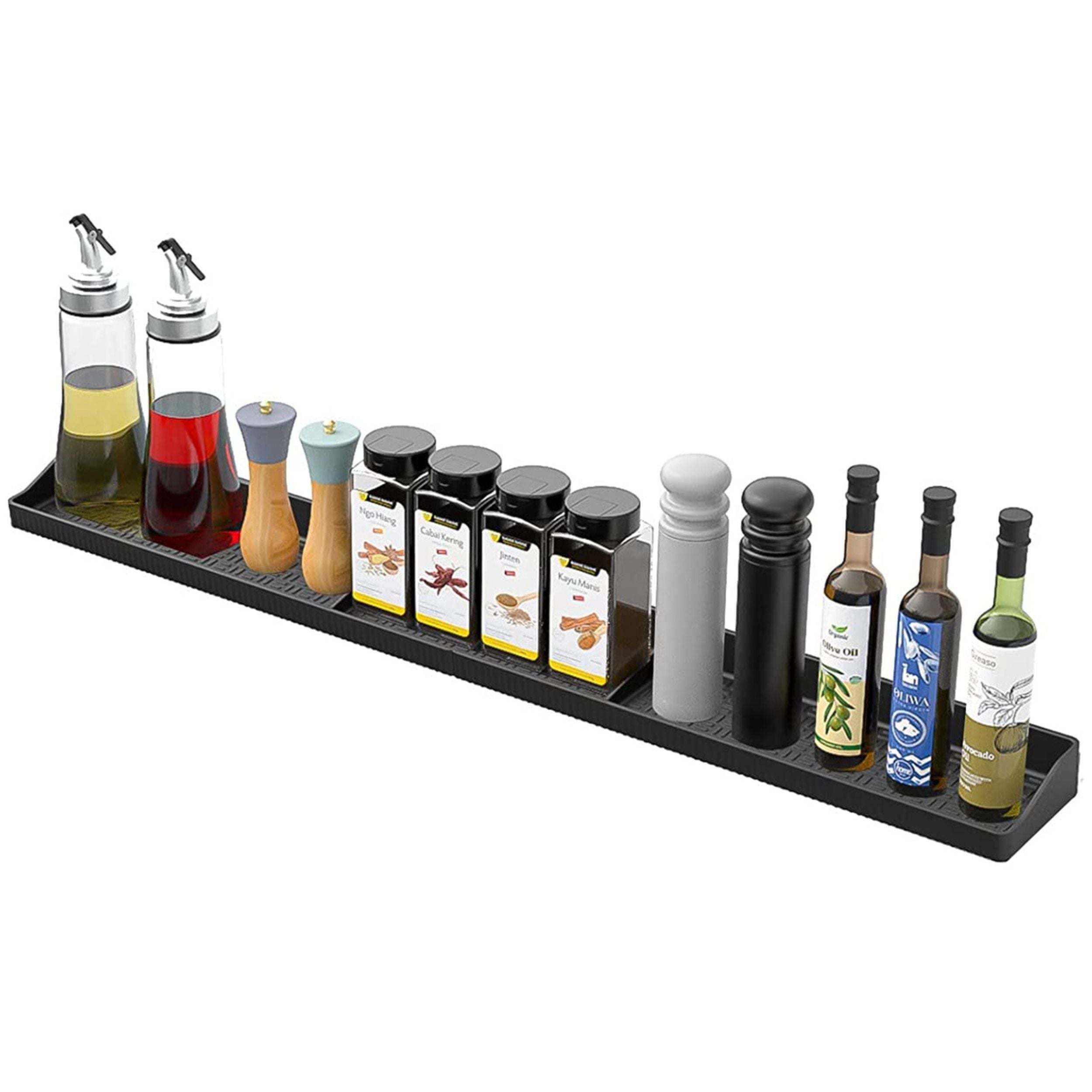 title:Magnetic Stove Top Shelf: Silicone Spice Rack for Kitchen Stove - Non-Slip Oven Organizer.;color:Black