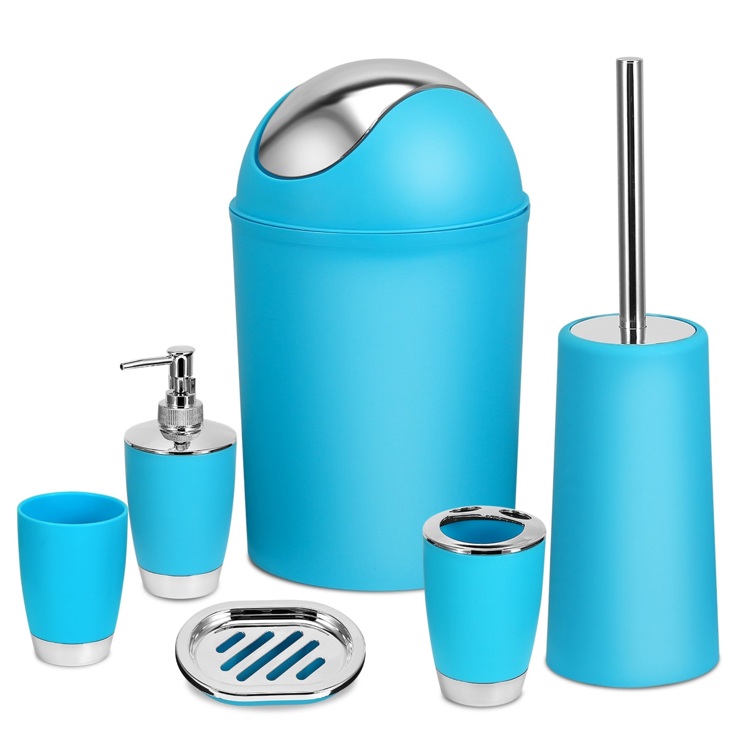 title:Bathroom Accessories Set 6 Pcs Bathroom Set Ensemble Complete Soap Dispenser Toothbrush Holder Tumbler Soap Dish Toilet Cleaning Brush Trash Can;color:Blue