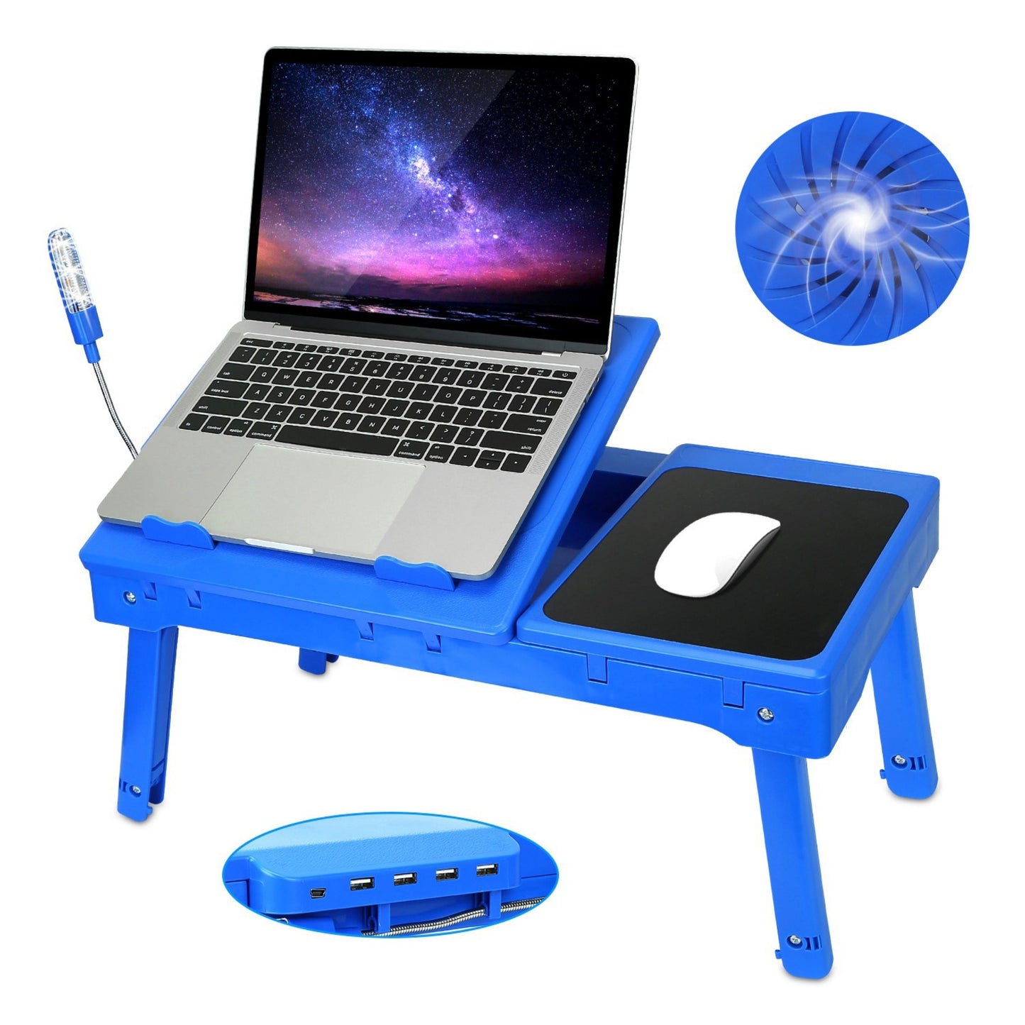 title:Foldable Laptop Table Bed Desk w/Cooling Fan Mouse Board LED 4 USB Ports Snacking Tray with Storage for Home Office;color:Blue