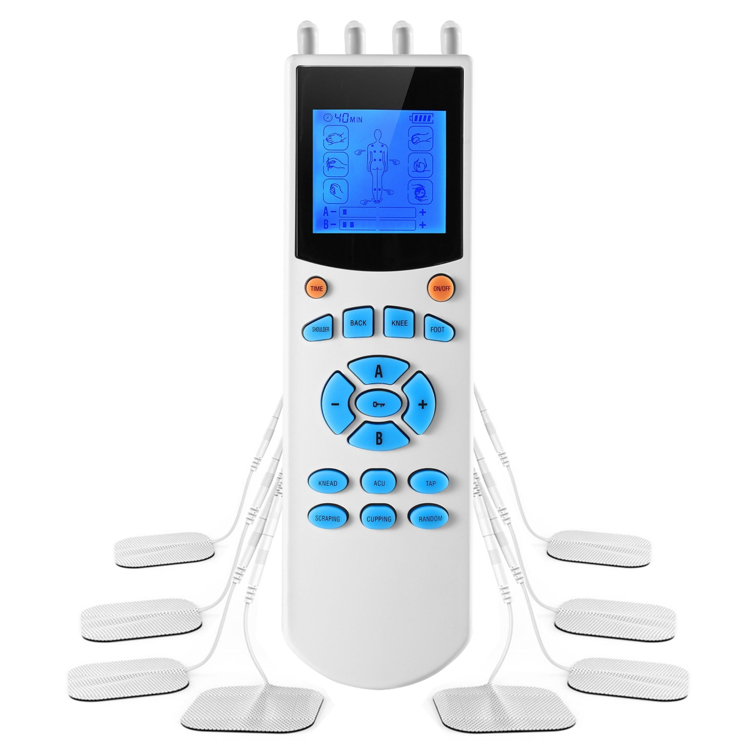 title:10 Mode Tens Unit Impulse Massager - Pain Relief Muscle Stimulator with 4 Outputs & 8 Electrode Pads;color:White