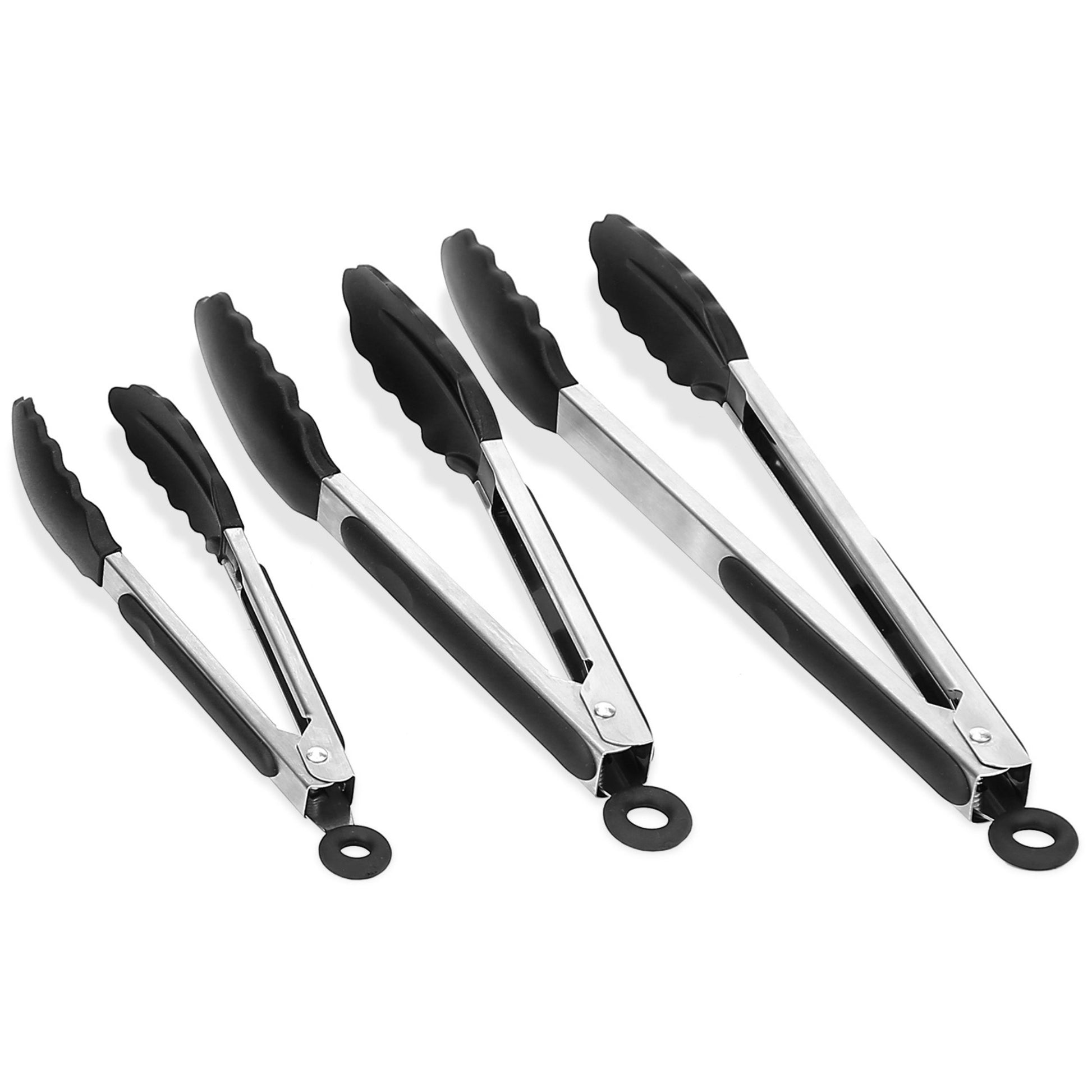 title:3-Piece Stainless Steel Locking Food Tongs Set with Silicon Tips - BPA Free, Non-Stick, High Heat Resistant;color:Black