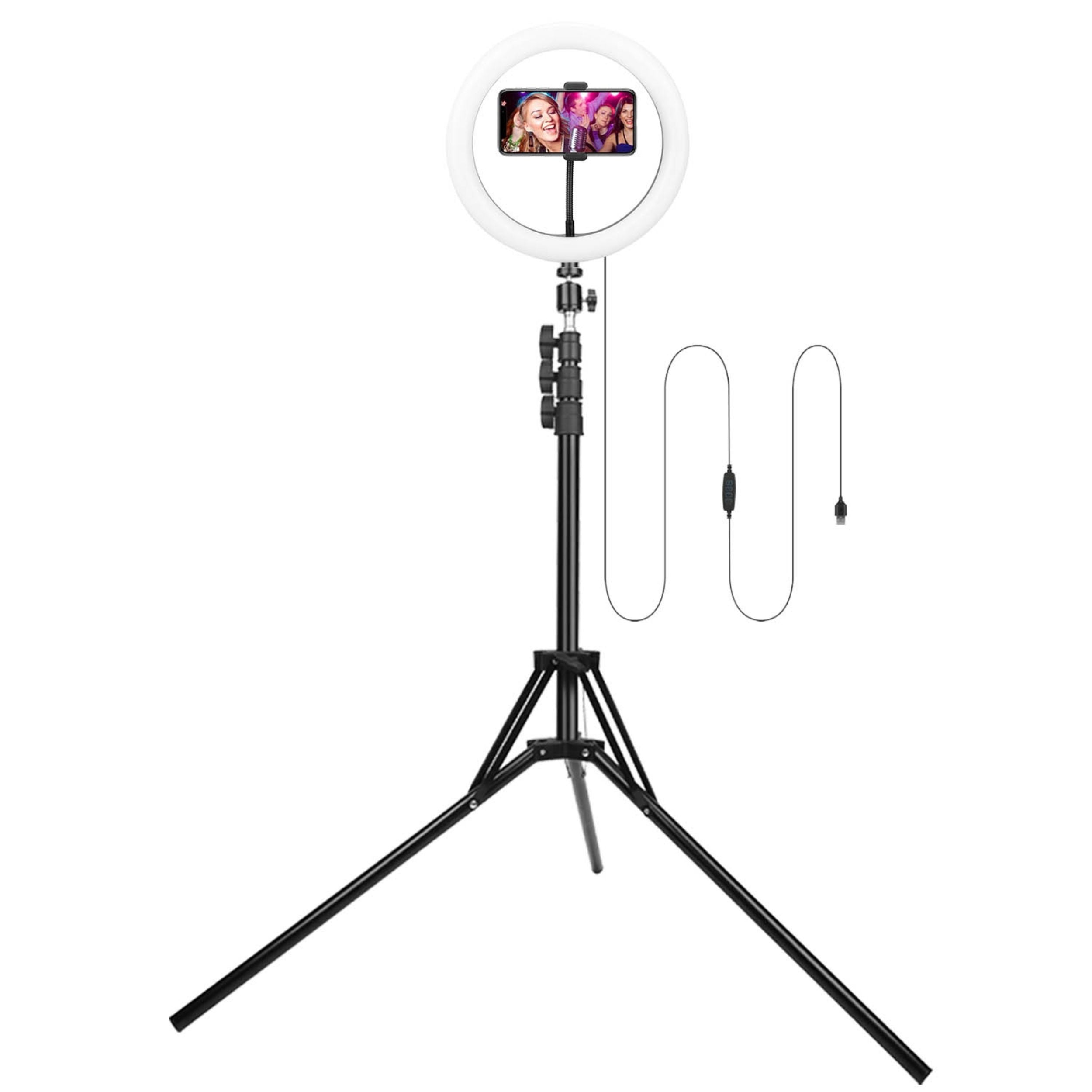 title:10in LED Selfie Ring Light - Dimmable, 120 LEDs, Adjustable Tripod Stand, Cell Phone Holder - Perfect for YouTube Videos/Live Streams;color:Black