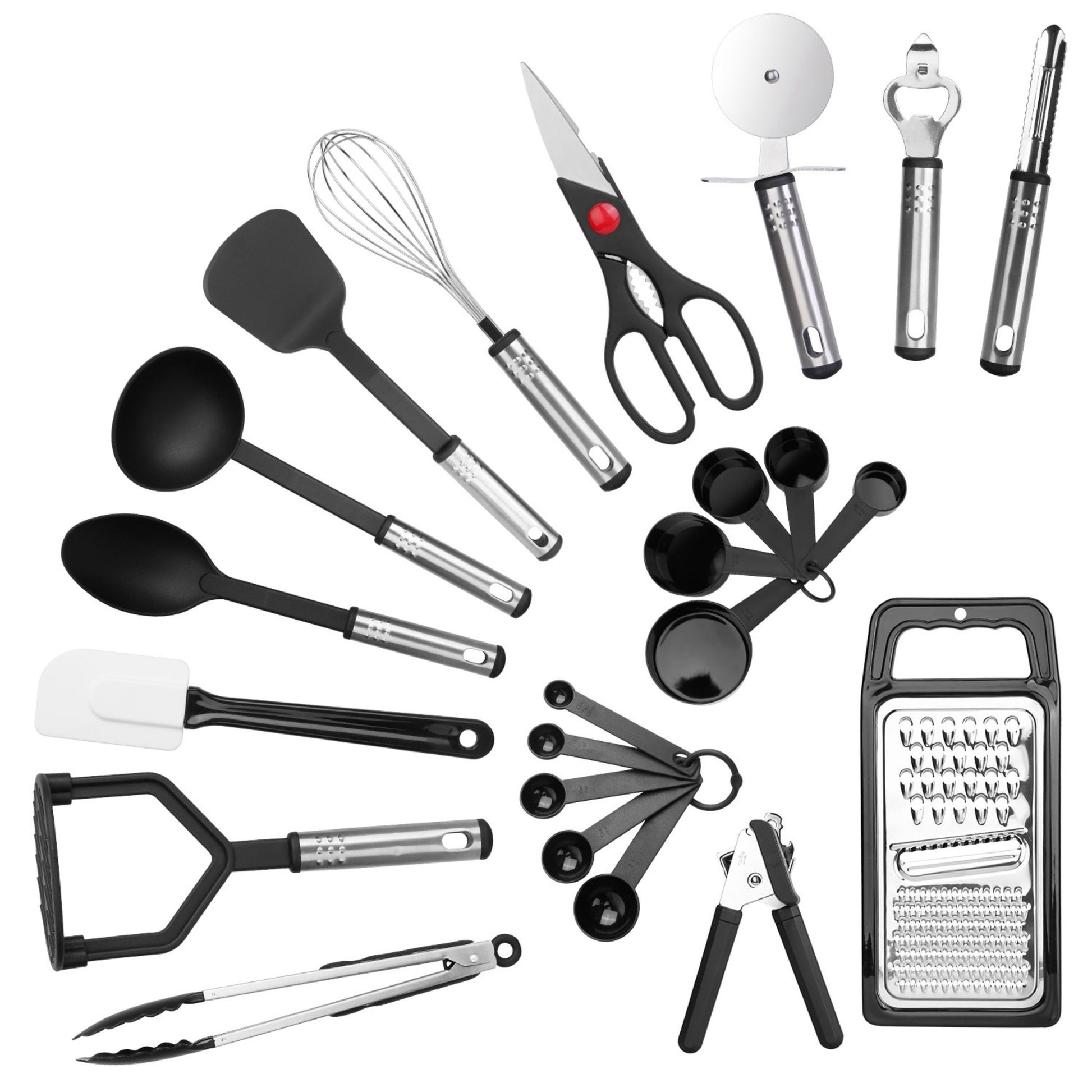 title:23-Piece Stainless Steel Nylon Kitchen Utensil Set: Heat Resistant Cooking Tool Kit with Grater, Scraper, Tongs, Whisk, Opener, Cutter;color:Black