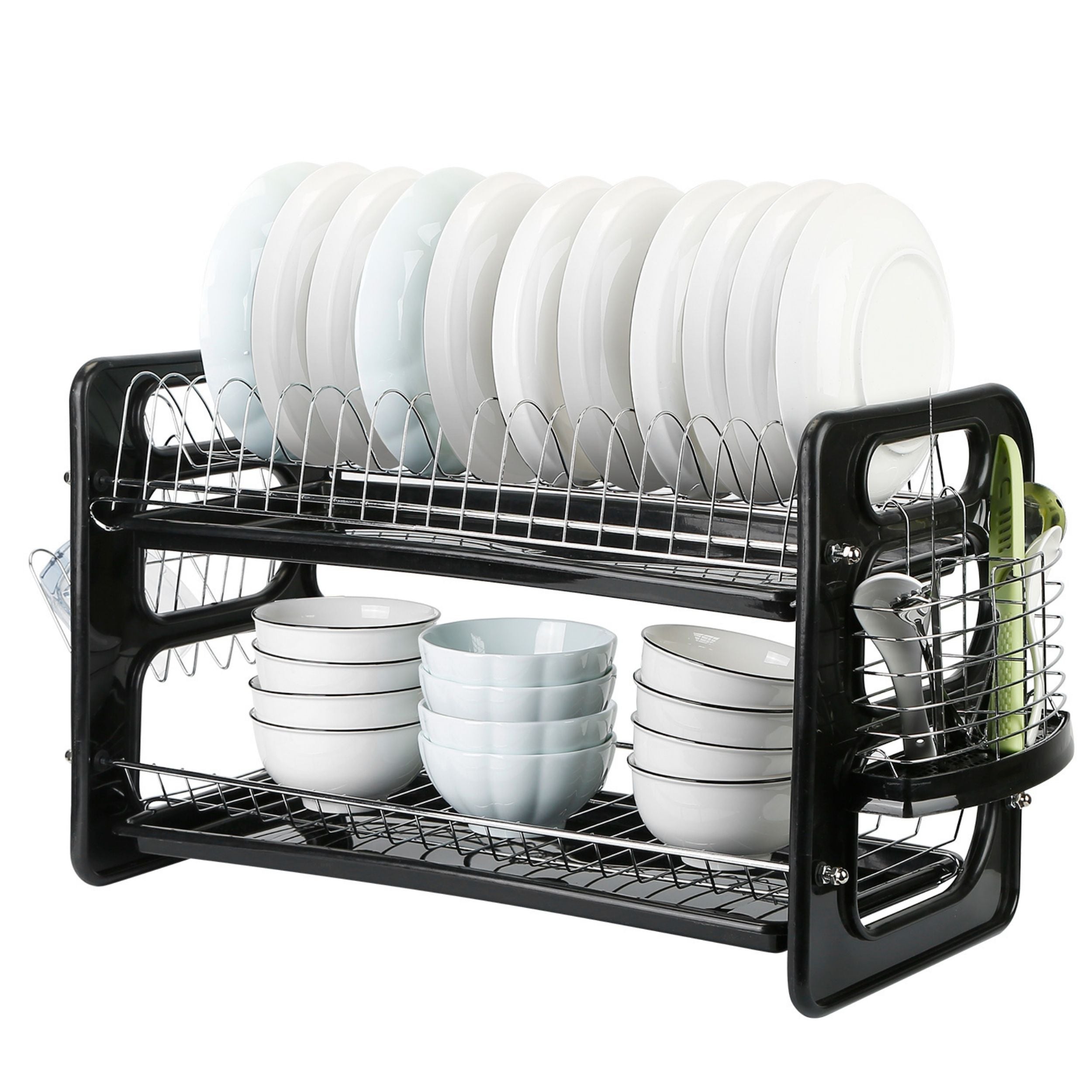 title:2-Tier Iron Drying Rack Set: Large Storage, Anti-Rust Drainer, Tableware & Cup Holder. Perfect for Kitchen Counter!;color:Black