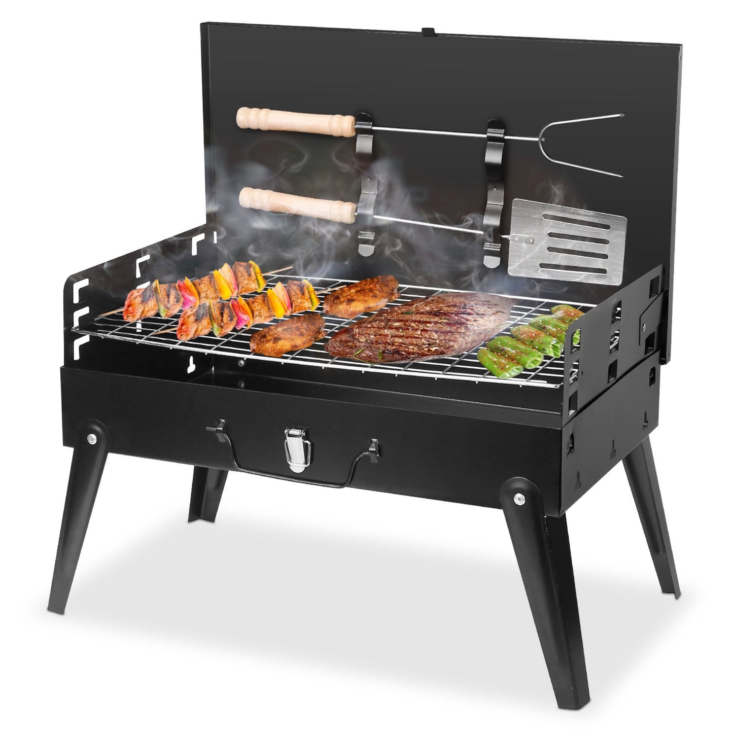 title:Portable Charcoal Grill - Foldable BBQ Suitcase with Shelf - Ideal for Camping, Picnics, and Garden Grilling;color:Black