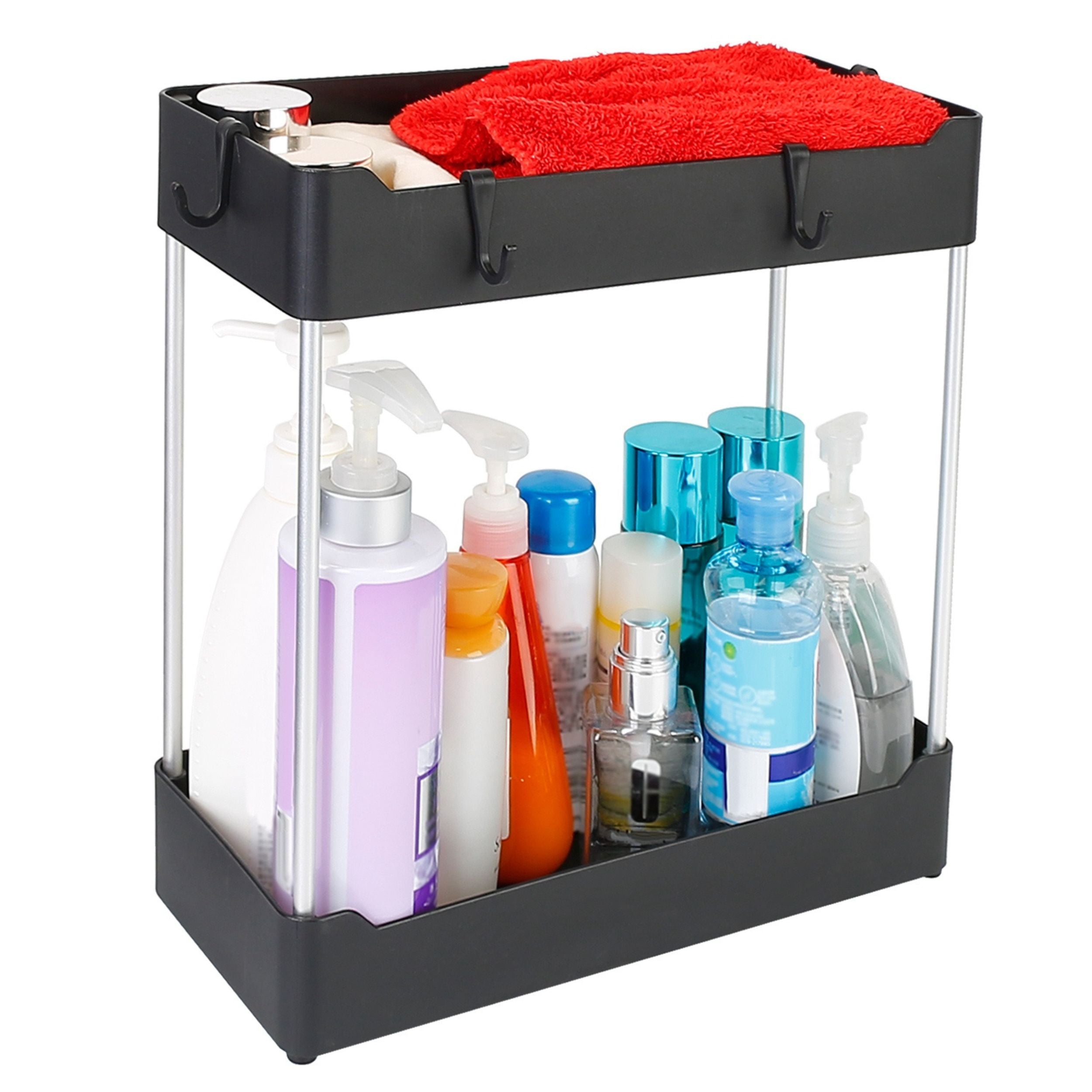 title:2-Tier Under Sink Shelf Organizer 4 Hooks | Space Saving Bathroom Storage Rack;color:not applicable