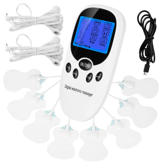 title:Dual Channel Electric Muscle Stimulator with Electrode Pads - Pain Relief Therapy;color:White