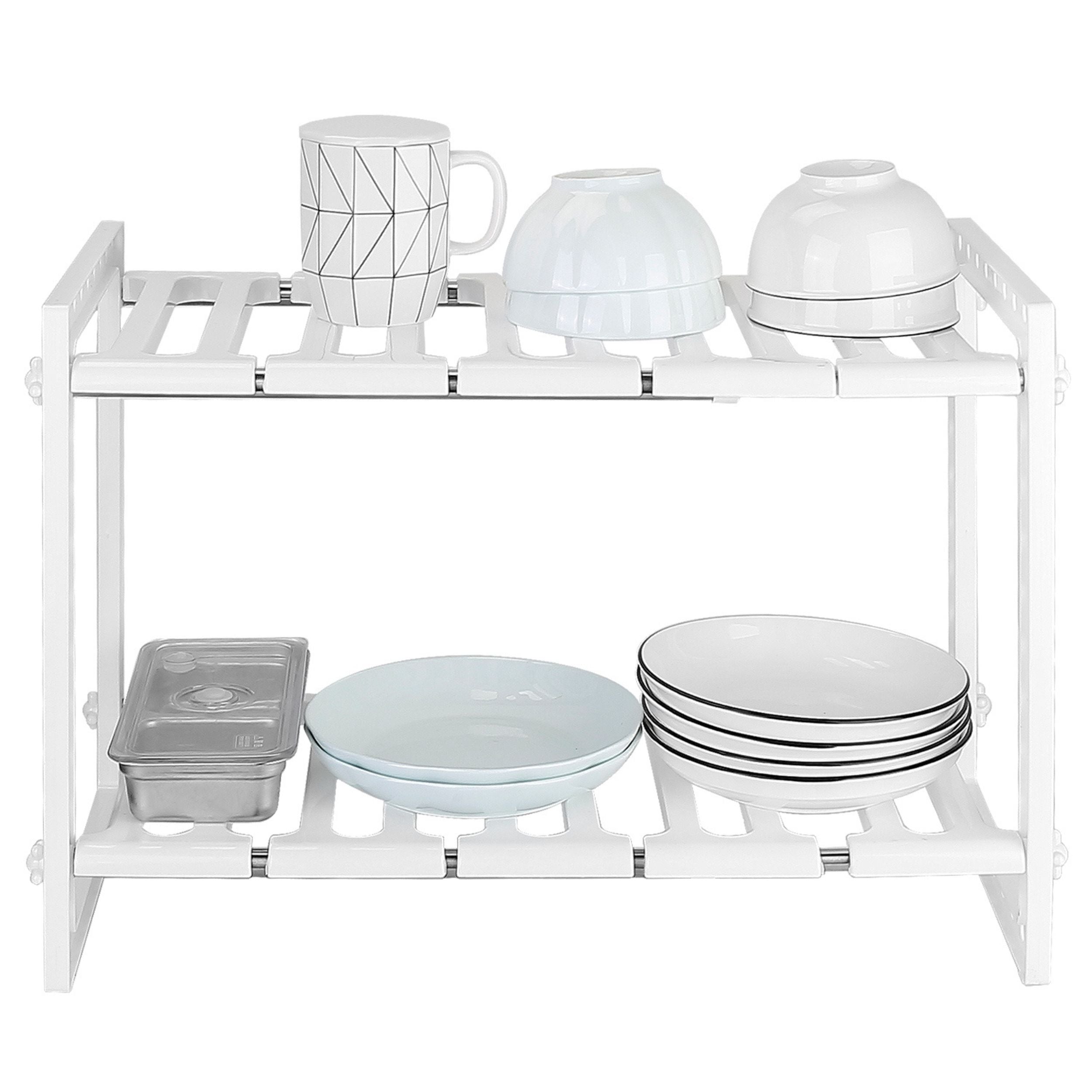 title:2-Tier Under Sink Rack 22LB Max Load Retractable Kitchenware Storage Shelf;color:White