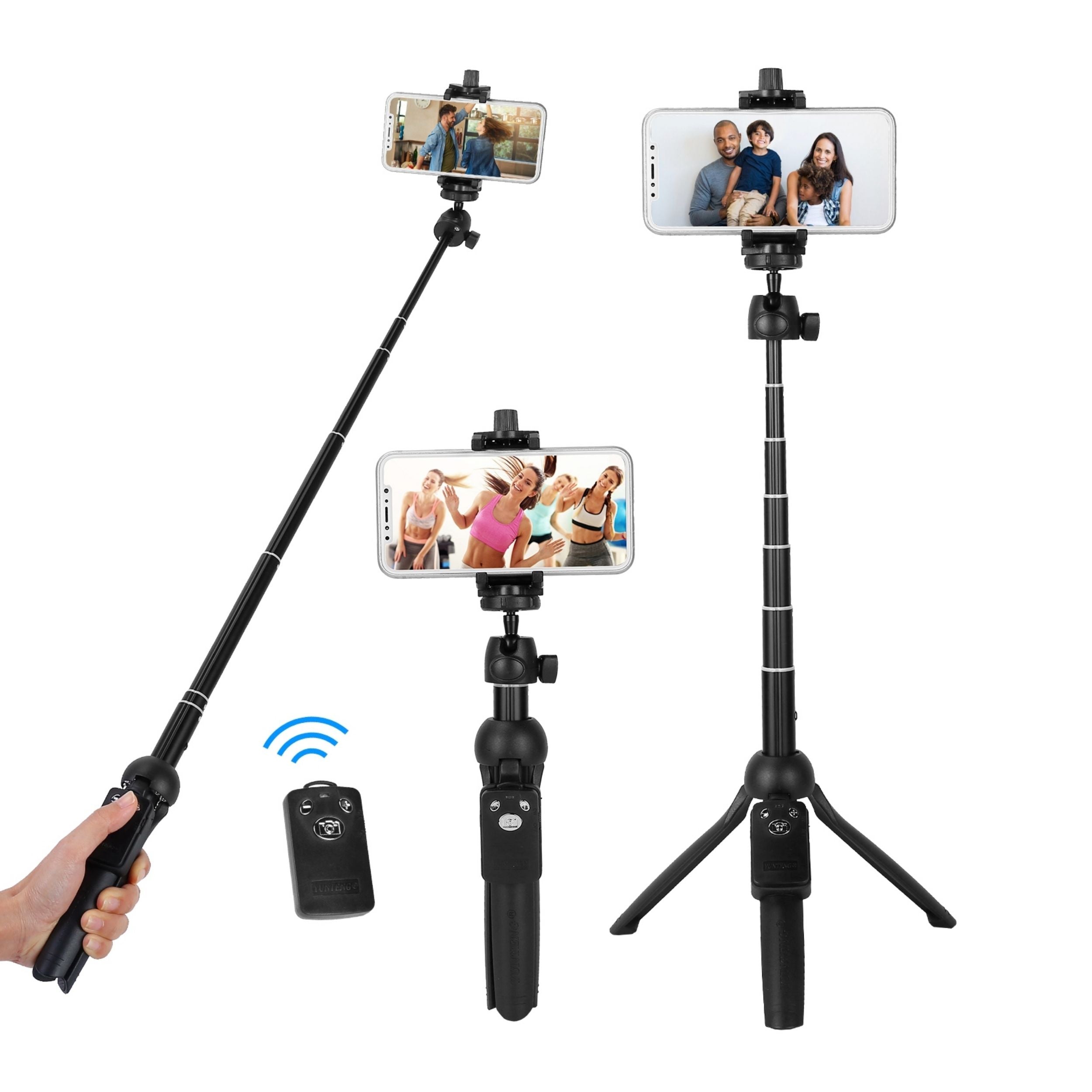 title:Wireless Desktop Phone Tripod: Telescopic Selfie Stick with Remote Shutter, 45in Extendable. Fits Iphone 13 12 11 XR.;color:Black