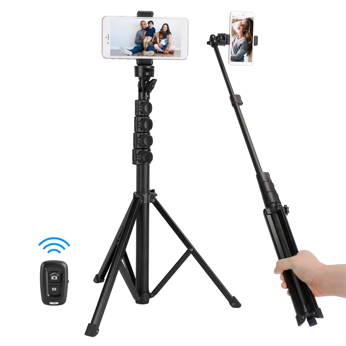 title:Wireless Desktop Phone Tripod Stand Holder with Remote Shutter - 60in Extendable Selfie Stick for 6.1-6.8” iPhone 1;color:Black