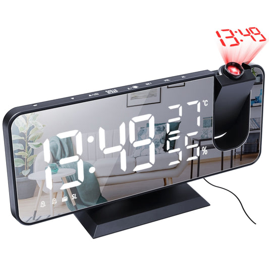 title:Mirror LED Projection Alarm Clock - Dual Alarms, USB Port, 4 Dimmer, 12/24 Hour;color:Black