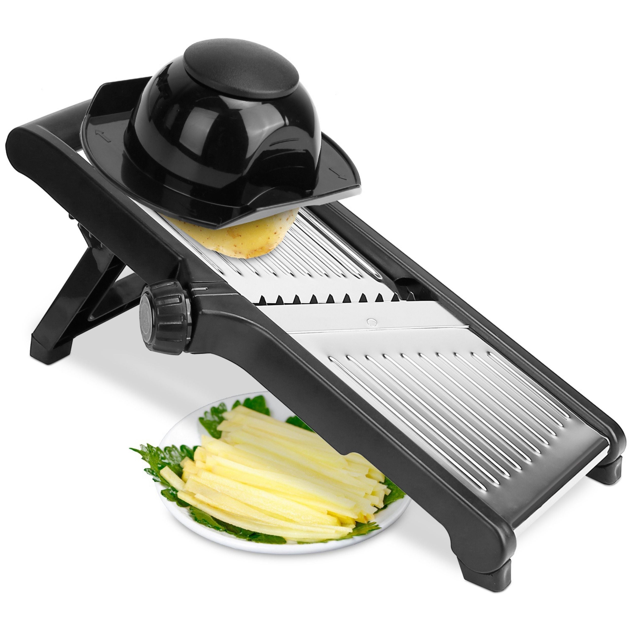 title:5-in-1 Stainless Steel Mandoline Slicer Set with Adjustable Blades & Food Holder;color:Black